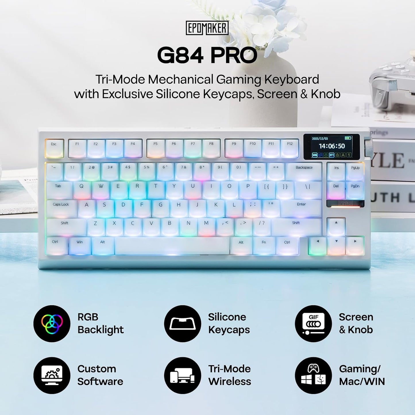 EPOMAKER G84 PRO Wireless Gaming Keyboard w/Screen&Knob, Silicone Keycaps | 8000mAh, Hot-Swap, BT5.0/2.4G/USB-C Mode, RGB, 75% Creamy Mechanical Keyboard for Gamers/Office (White, Creamy Jade Switch)