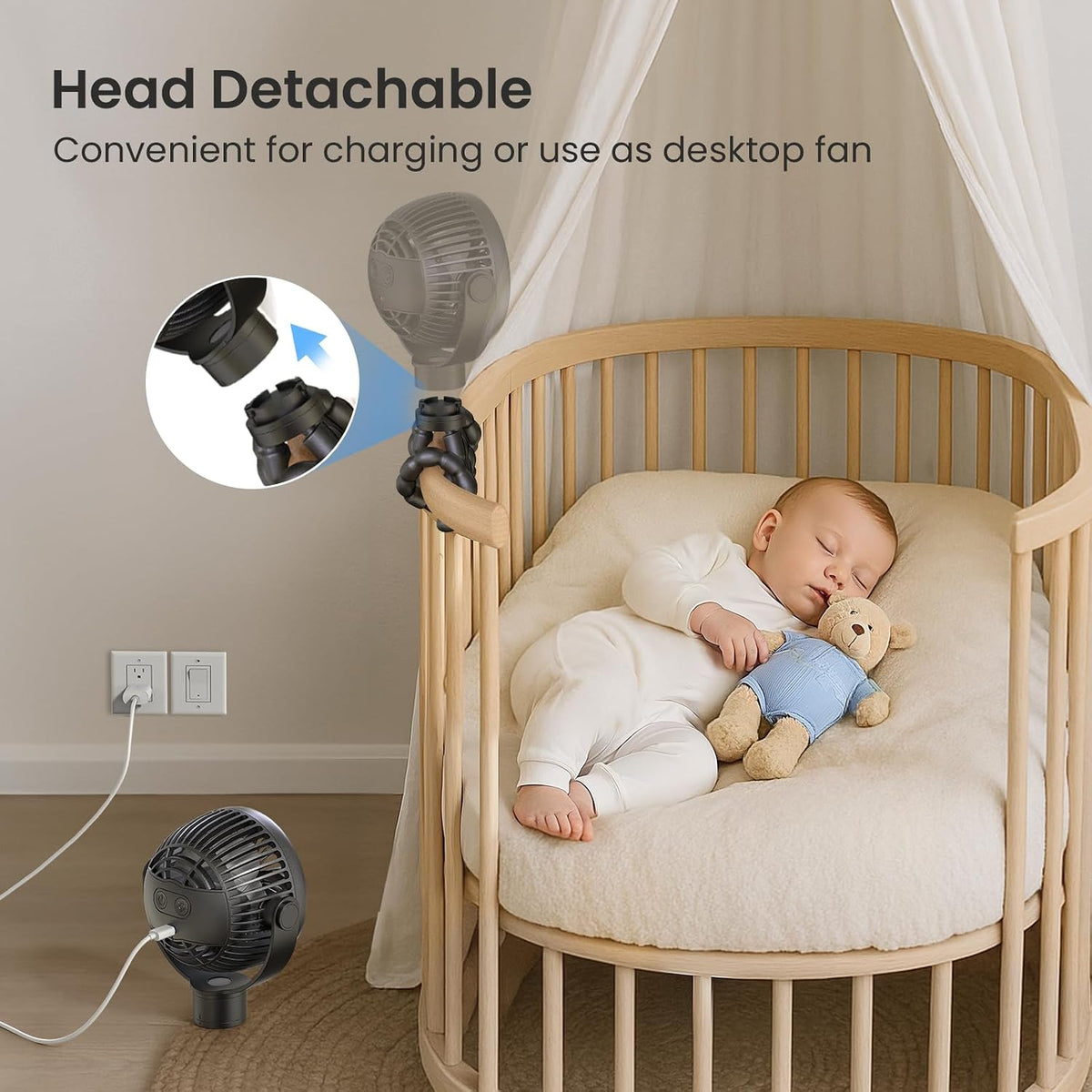Coohea Portable Stroller Fan, 25H Long-lasting, 4 Speed, Night Light, Black | 4000mAh Rechargeable Battery Powered Fan, Head Detachable 360° Rotate Mini Fan, Easy to Wrap for Car Seat Crib Bike Treadmill