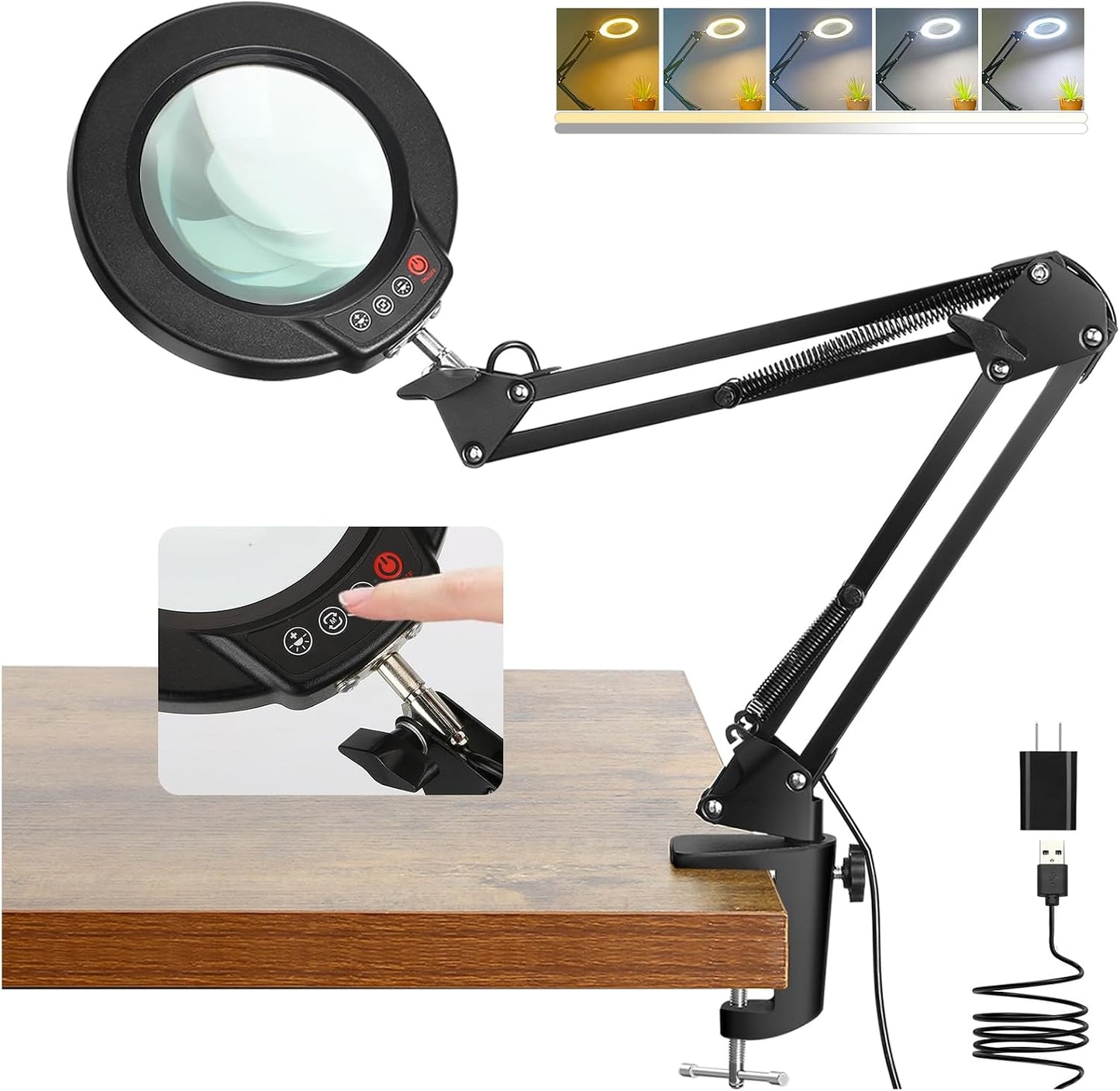 Coyeth 10X Magnifying Glass with Light and Clamp, Real Glass Stand Lighted Magnifier, 5 Color Modes Stepless Dimmable LED Desk Lamp Hands Free for Crafts Hobby Reading Painting Sewing Close Work