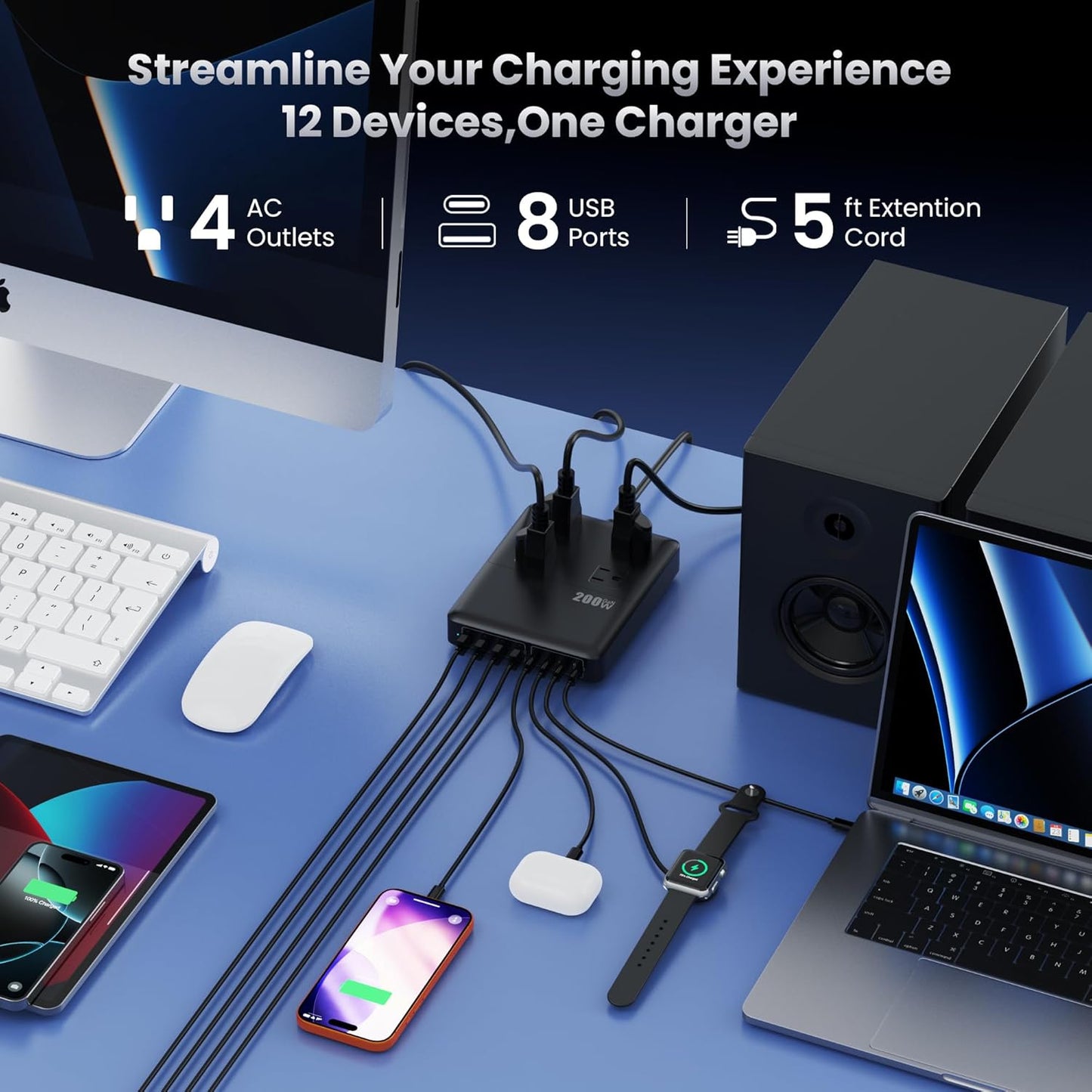 200W Charging Station,12-in-1 USB C Power Strip with Flat Plug and 5ft Extension Cord,4 AC Outlets,4 USB-A,4 USB-C Ports for iPhone 17/16/15,65W PD Fast Laptop Charger for MacBook, Home, Office, Dorm