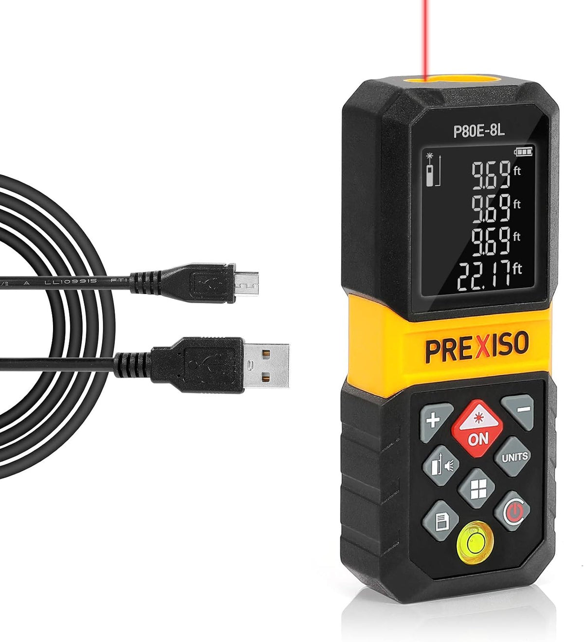 PREXISO Laser Measure Tool, 265Ft Rechargeable Laser Tape Measure (M/in/Ft) | Backlit LCD with 4 Line Display, Pythagorean/Distance/Area/Volume Modes, Mute Mode & 30 Records Memory, 3 Reference Points