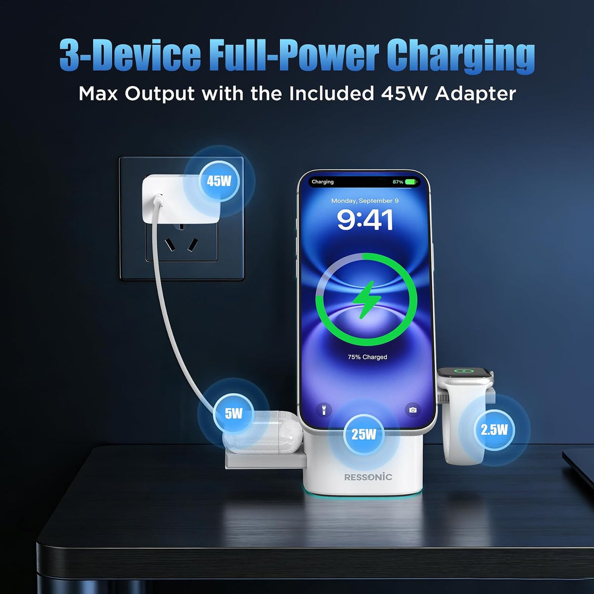 25W 3 in 1 Wireless Charging Station for Apple&Samsung, Desk Night Stand | Includes 45W Adapter, Wireless Charger for MagSafe iPhone 17/16/15/14/13/12, Galaxy S25/S24/S23/S22, AirPods & Watch