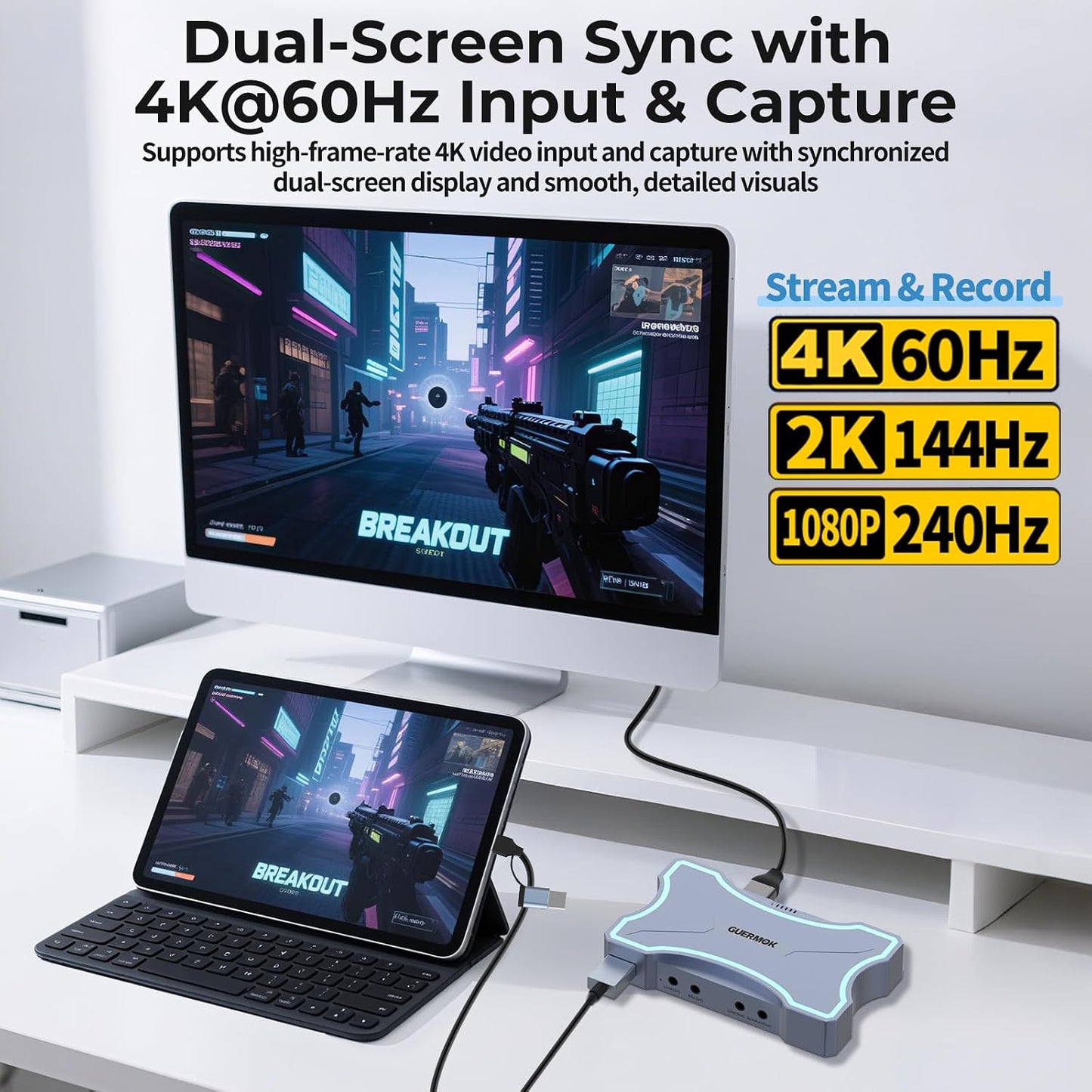 Guermok 4K@60Hz/ 2K@120Hz HDMI Video Capture Card with Touch LED, USB 3.0 | HDMI In/Loop-Out, Mic/Line In, 4K60 Passthrough, Live Game Capture for OBS Video Streaming, PS5/4, Xbox and Switch2/1 Gaming