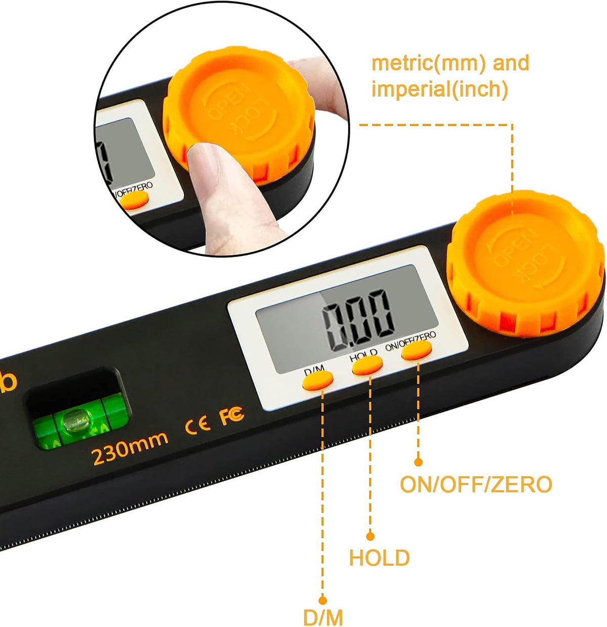 Rainyb Digital Angle Finder Tool 7inch 0-360 degree LED Digital Protractor with Horizontal Vertical Bubble Levels and Ruler Meter Accurate Tools for Carpenters,Woodworkers,Fabricators