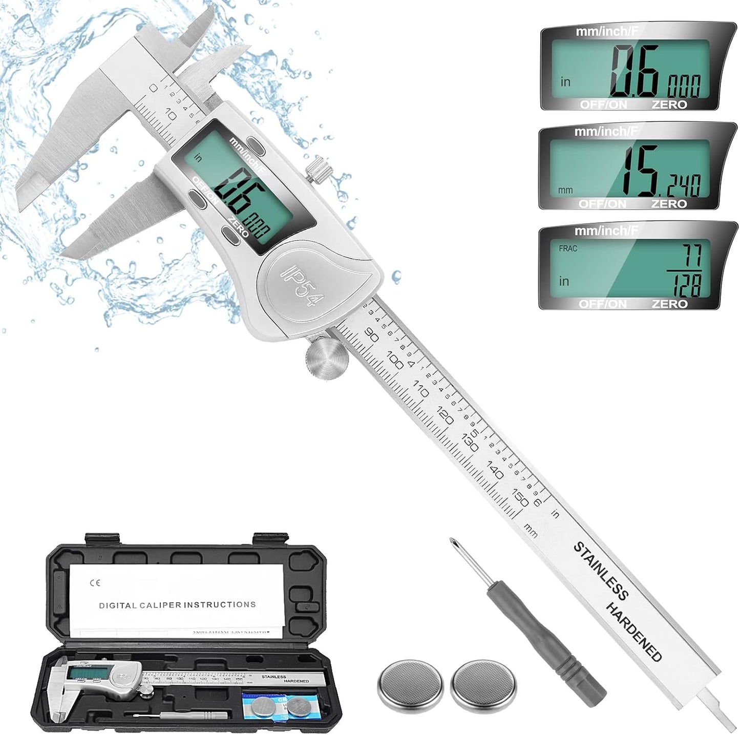 Digital Caliper Measuring Tool, Stainless Steel Vernier Caliper Digital Micrometer with Large LCD Screen, Easy Switch from Inch Metric Fraction, 6 Inch Caliper Tool for DIY/Household