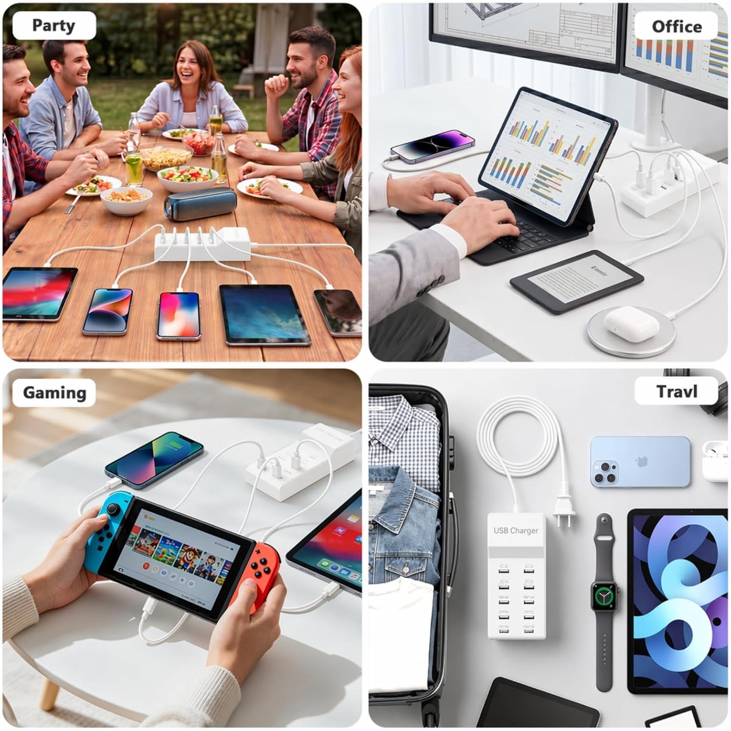 Multiple USB Charging Station for Multiple Devices USB Power Strip | 10 port USB charging block with 4 USB C and 6 USB A charging ports,USB Charging Hub for home office use
