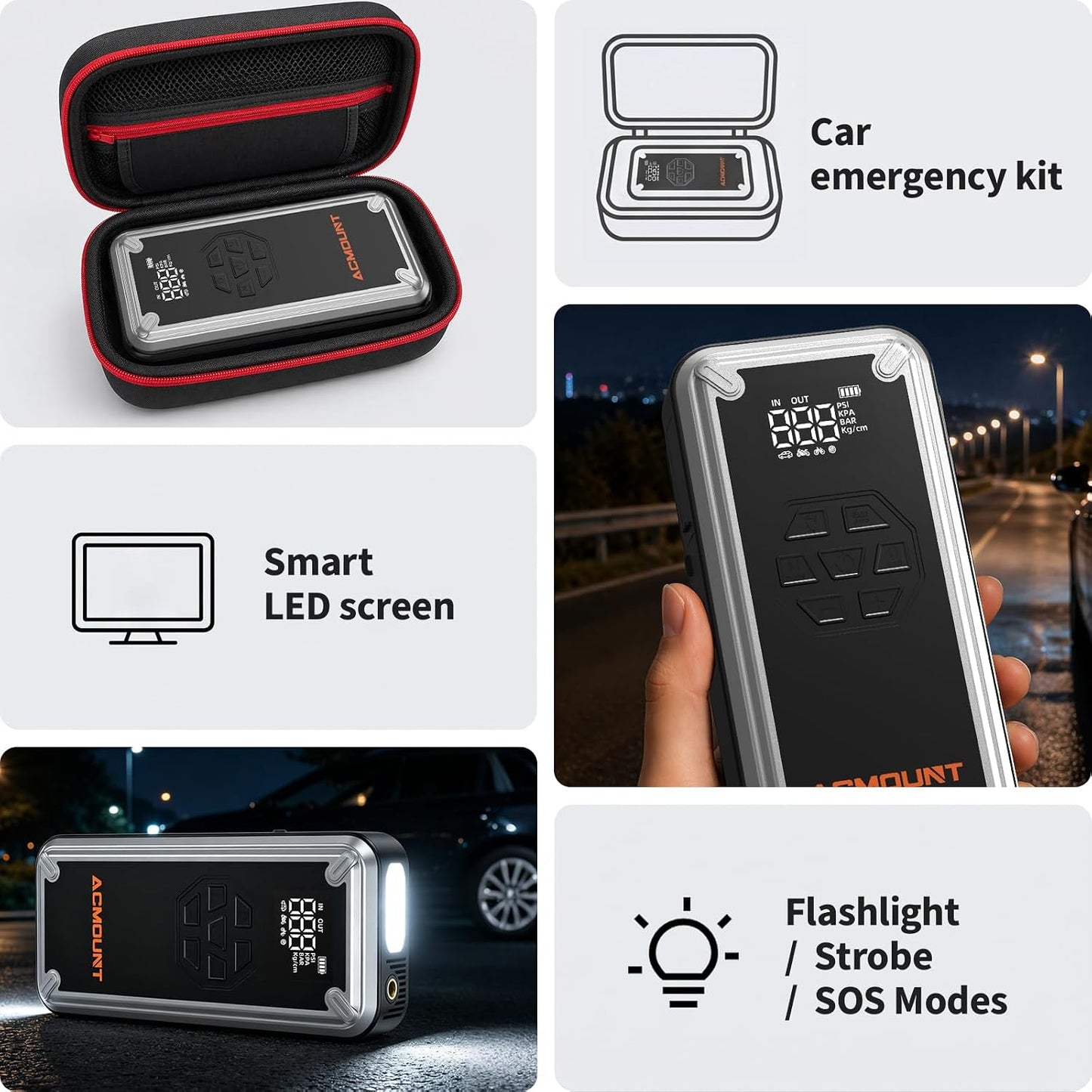 ACMOUNT W160 5000A Jump Starter with Air Compressor 150PSI, 12V Jump Box | Car Jumper Starter Portable(9L Gas/8L Diesel) with Jump Cables, Tire Inflator, 3 LED Light Modes, Power Bank, Car Essentials