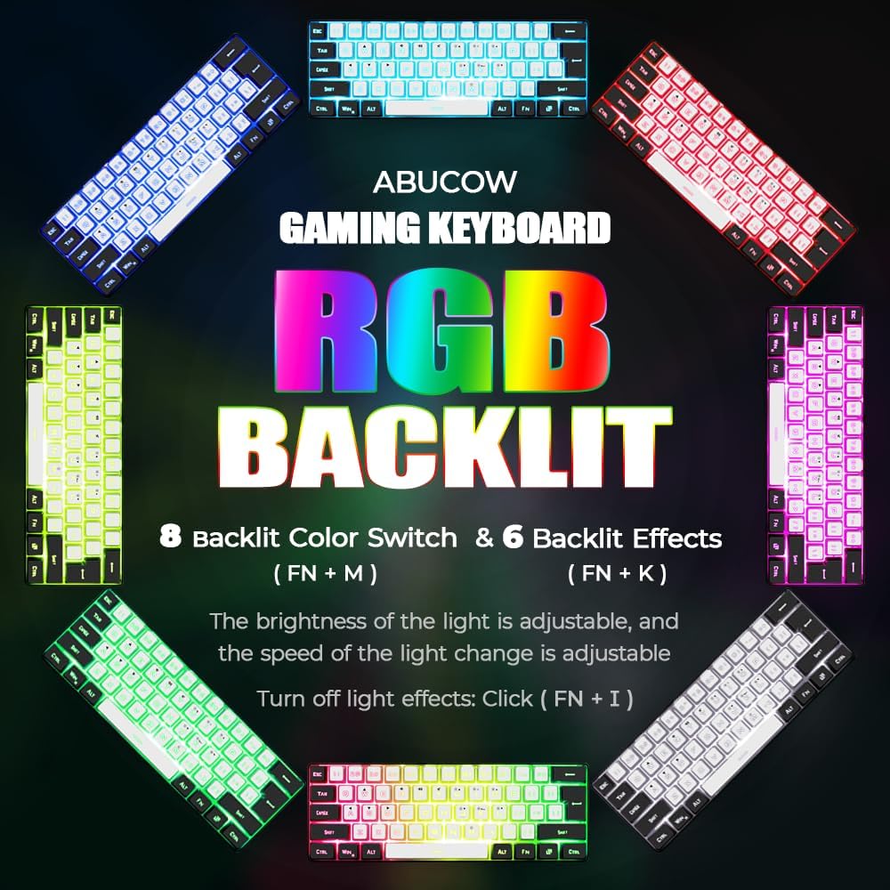 abucow 60% Percent Gaming Keyboard Minimalist Portable Wired Ultra-Compact Mini Imitation 61 Keys RGB Backlit Keyboard (White-Black)