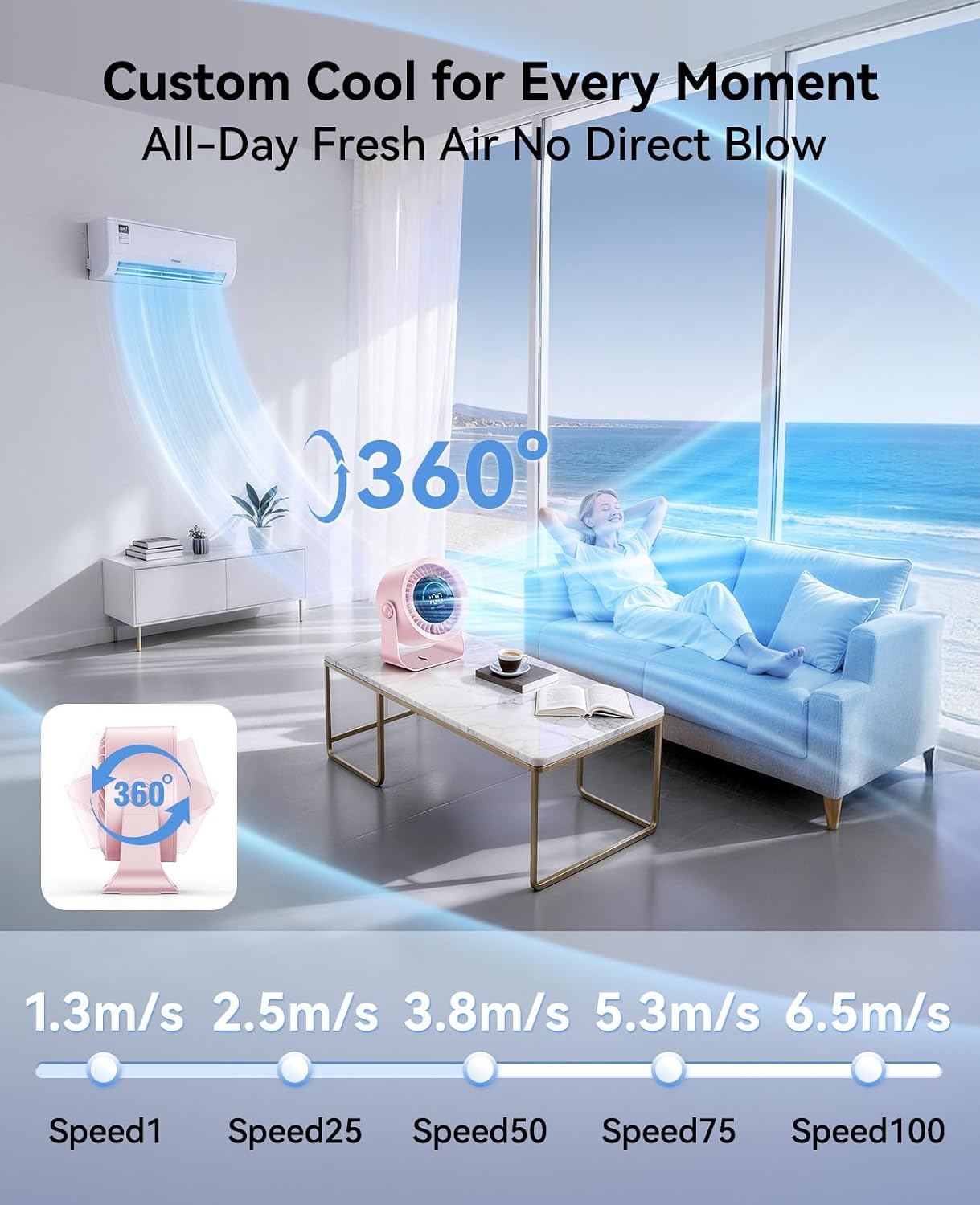 DIGIX Portable Desk Fan, 100 Speeds, 360° Rotation, USB Rechargeable | Quiet LED Display Table Fan with Wall Mount Design. Small Personal Cooling Fans for Home, Bedroom, Office & Travel, Pink