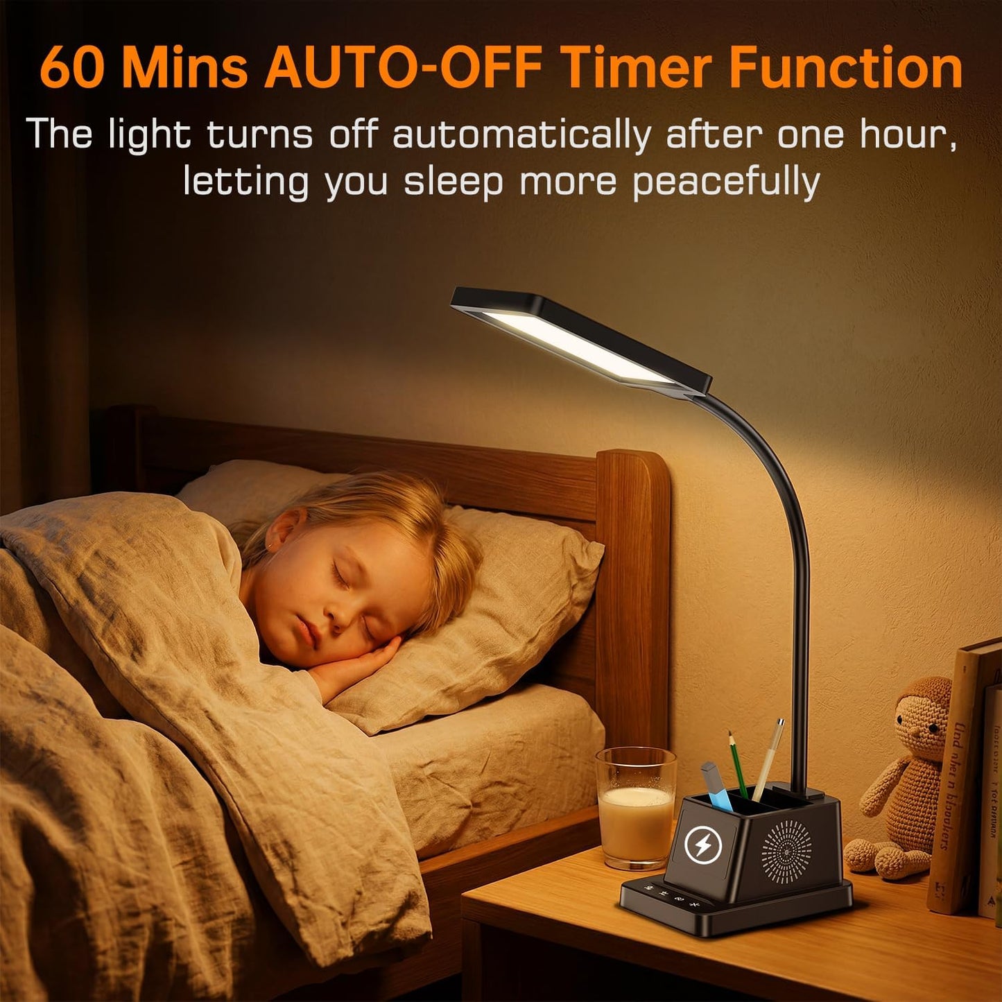 LED Desk Lamp for Dorm Office, 15W Wireless Charger Pen Holder, Black | Desk lamps for Home Office, 15W Wireless Charger, 3 Color Modes 4 Brightness Leves CRI 95, 800 LM Small Table Lamp for Dorm