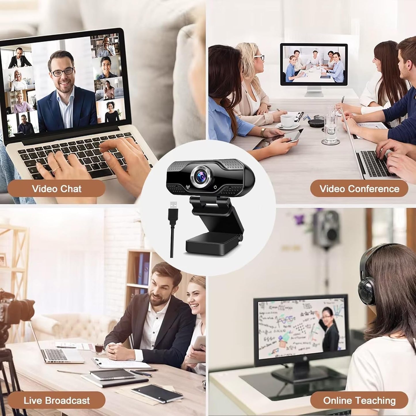 1080P HD Webcam with Microphone, Noise Cancellation, Privacy Cover, Wide-Angle Lens, Auto Light Correction, Plug & Play USB Webcam for Laptop, Desktop, PC, Zoom, Skype, Stream