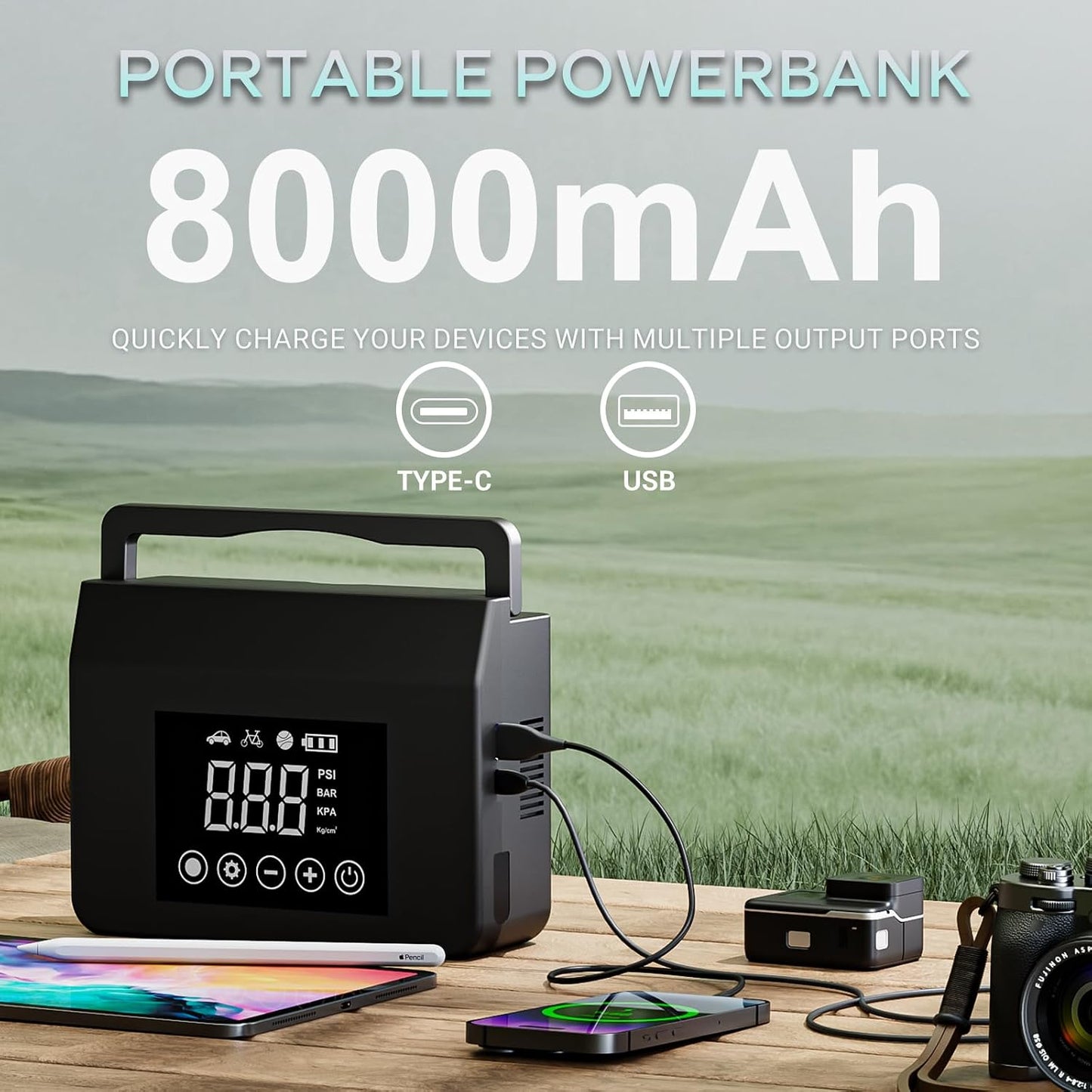 Hieha Portable Car Battery Jump Starter 4000A, 150PSI Air Compressor | 4000A Peak, 150PSI Air Compressor, 15000mAh Power Bank, 12V, Auto Shutoff, LED Flashlight, USB-C, Jumper Cables