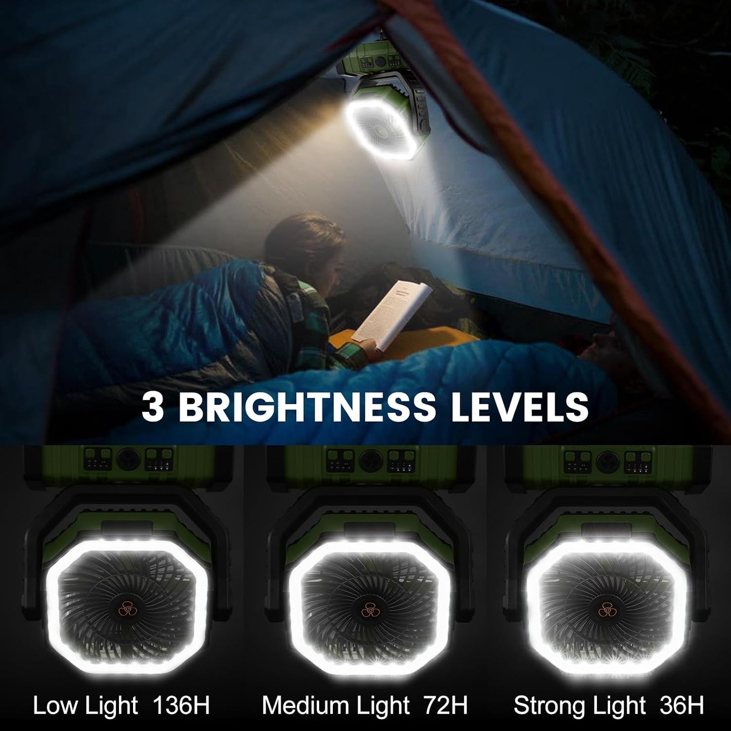 Odoland 30000mAh Camping Fan with LED Lantern, Rechargeable Battery Fan | Operated Oscillating Fan with Remote & Hook, Portable Tent Fan with Timer, 4 Speeds for Outdoor Camp RV Power Outage, Green