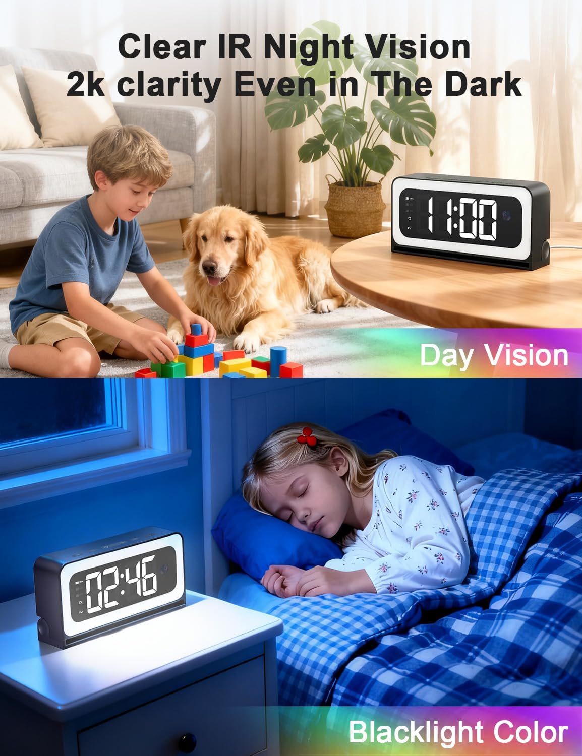 2K Alarm Clock Camera,5G&2.4G WiFi Nanny Cam Wireless Indoor Camera,Cameras for Home Security,AI Human Detection,Color Night Vision for Home/Pet