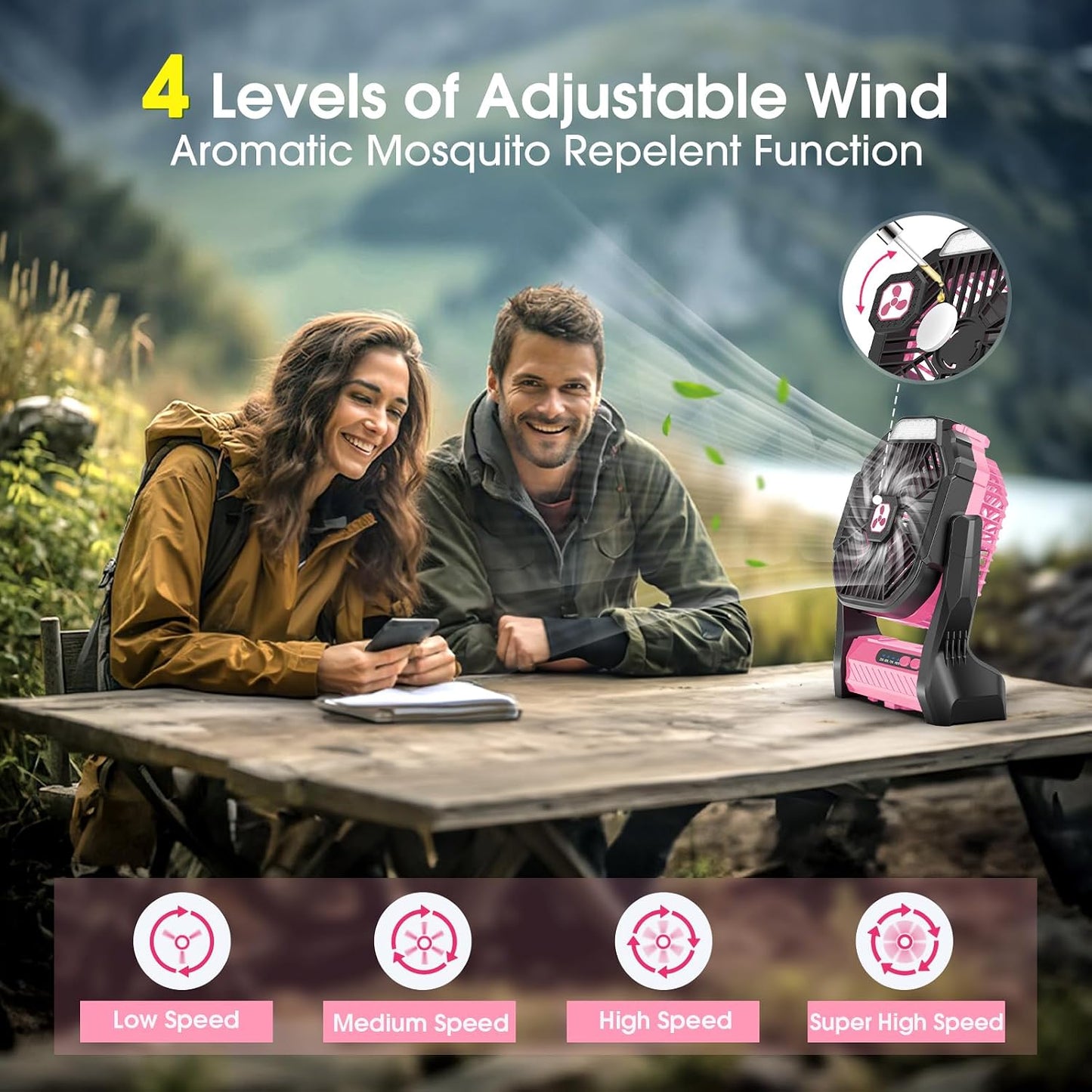 Peouix Portable Rechargeable Fan, 20000mAh Cordless Battery Powered Camping Tent Fans with LED Lantern, Operated Outdoor Ventiladores for Travel Camp Fishing Office Home Essentials | Pink