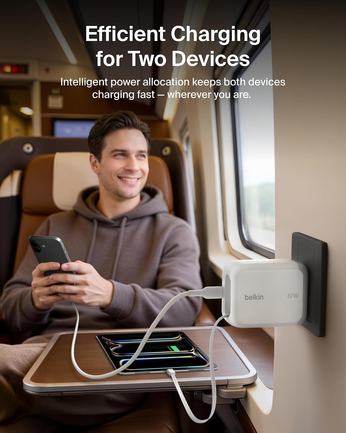 Belkin 67W GaN USB C Retractable Charger Block Fast Charging for Travel | 3.3ft Retractable Cable, USB C Port, iPhone 17, Galaxy S26, AirPods, iPads, MacBook, Travel Charger, Charge Up to 2 Devices