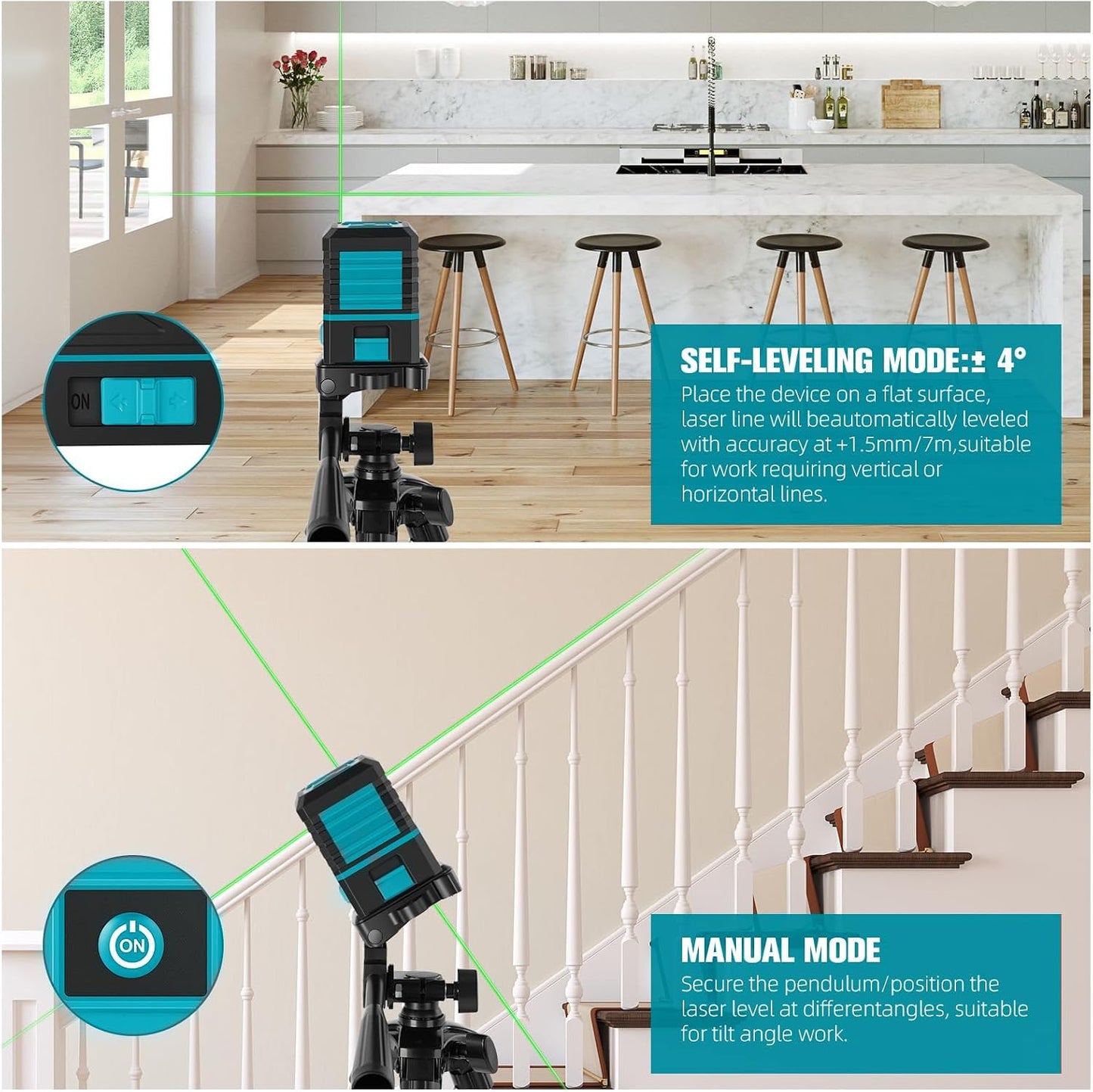 Laser Level with Tripod, 100 feet Green Cross Line Self Rotary Leveling Laser Level, Vertical and Horizontal Line, Rotatable 360 Degree, Manual Self leveling and Pulse Mode,IP54 Waterproof & Battery