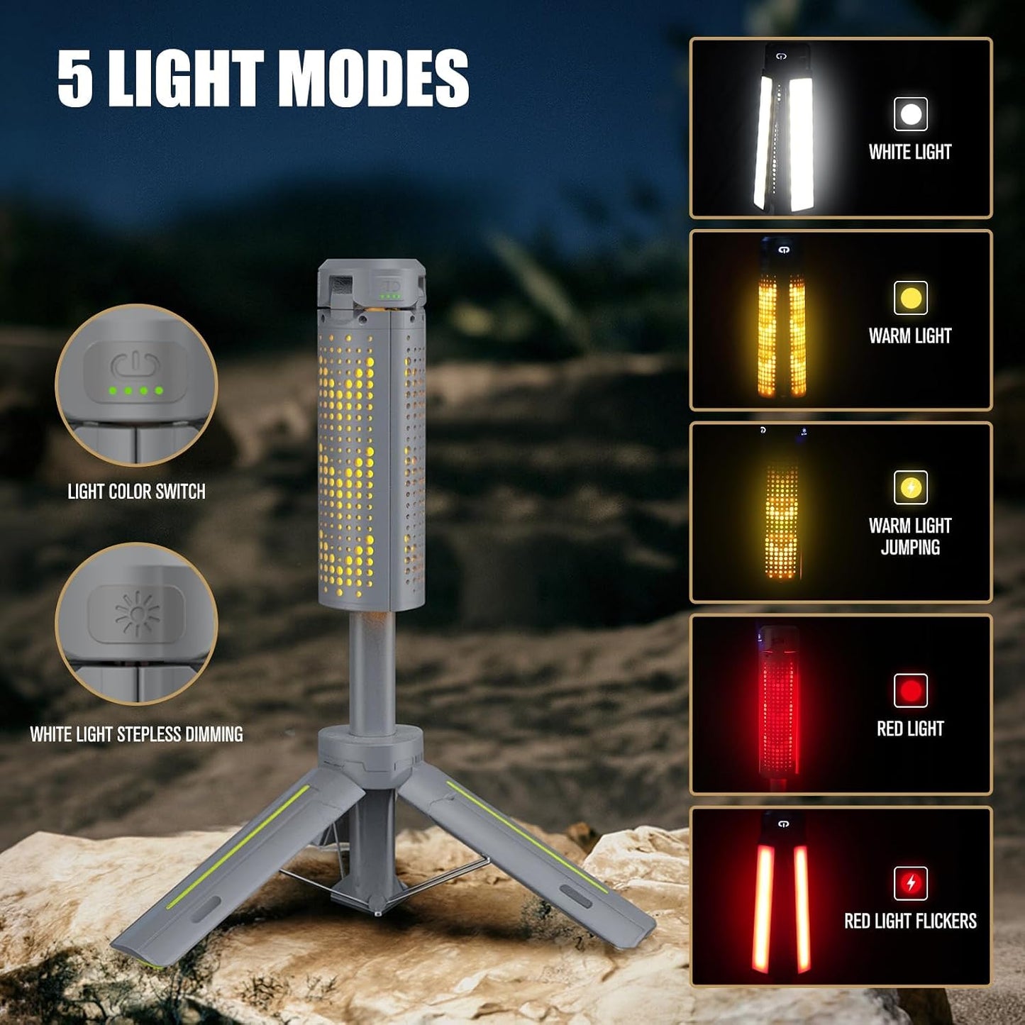 Telescopic Tripod Camping Light, 40" Adjustable Height, 20H Runtime &1000LM | Outdoor Lamp for Camping Emergency Power Outage Survival Gear - Grey