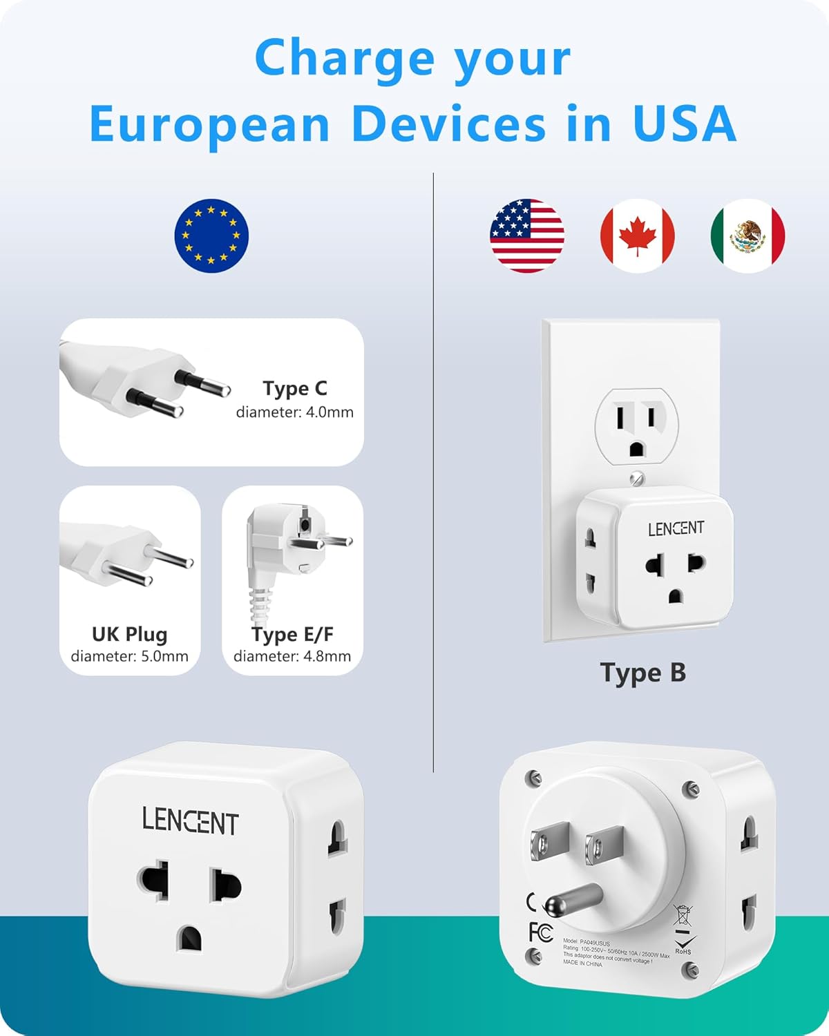 LENCENT EU to US Plug Adapter, European to USA Outlet Adaptor | Travel from Europe to American Outlet, 3-Sided Outlet Extender, Wall Tap, Mini Charger Box, Travel Plug Converter