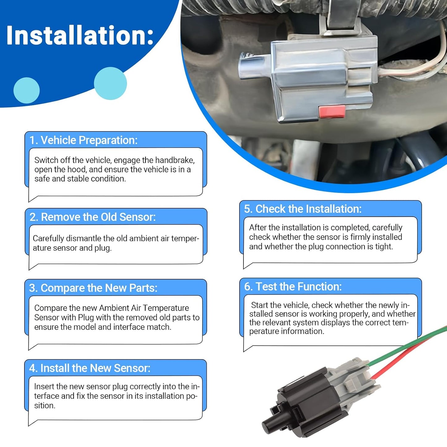 Ambient Air Temperature Sensor with Plug 96985-3X000 96985-2D000 Fits for Accent Azera Elantra Elantra GT Equus Genesis Santa Fe Santa Fe XL Sonata Tucson Veracruz Cadenza Forte Forte5