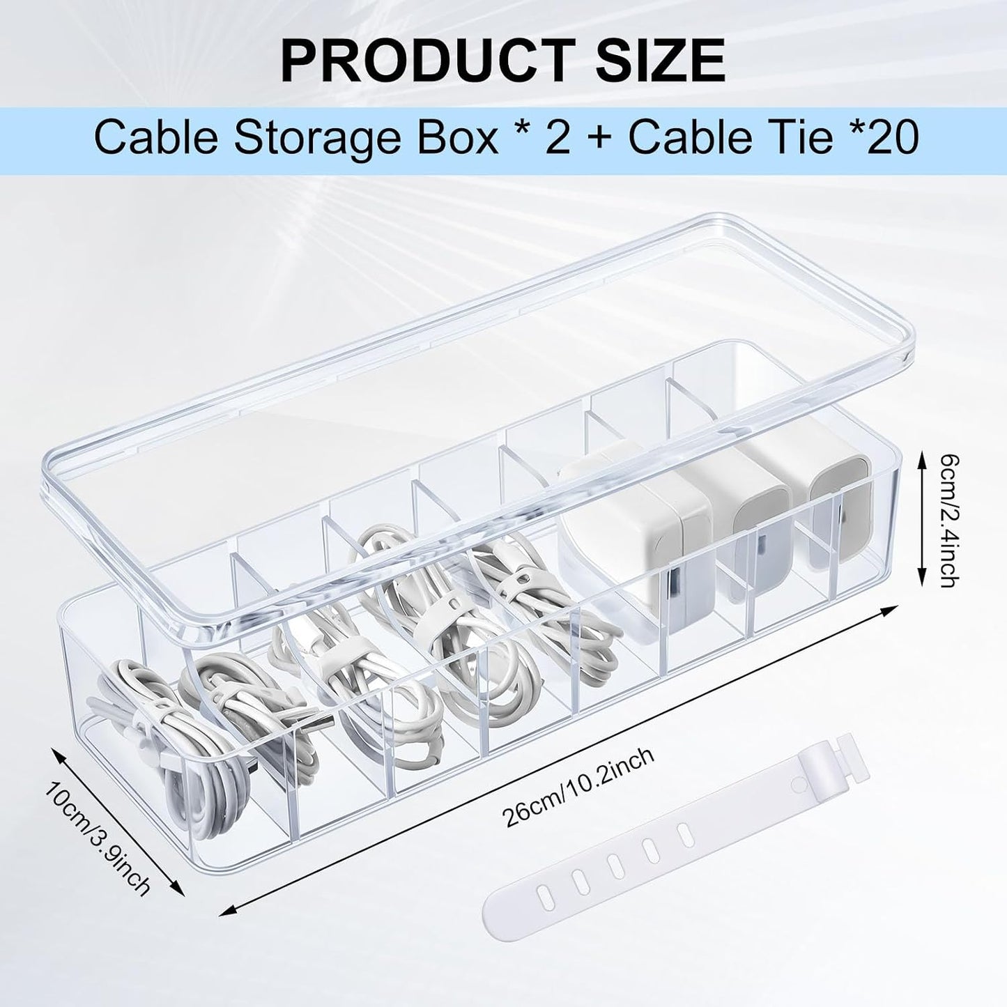 Tatuo 2 Pcs Cord Organizer for Drawer Desktop, Cable Organizer Box with 8 Compartments and Wire Ties, Plastic Charger Storage with Lid, Electronics Case for Home Office Accessories (Small,Clear)