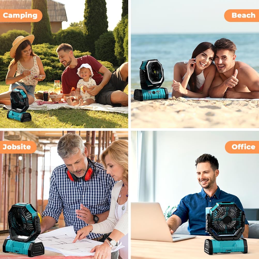 Camping Fan - 20000mAh Battery Powered Fan Rechargeable with LED Lantern - Portable Outdoor Tent Fans with Hanging Hook 4 Speeds Wind Remote Control, Blue