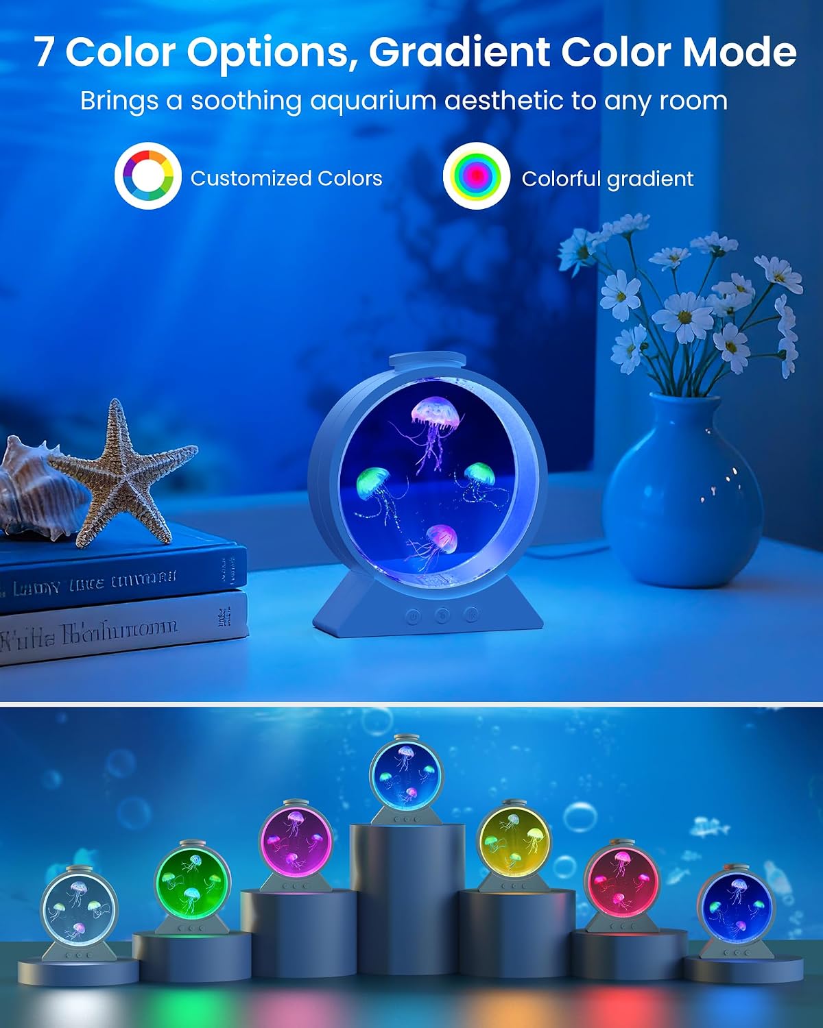 Jellyfish Lamp for Sleep Anxiety Calming Night Light for Bedroom(White) | Whisper-Quiet Sensory | 7 Soft Color Modes | Adjustable Water Flow | 8H Auto-Off Timer | Rounded Tank Lamp Gift for All Ages