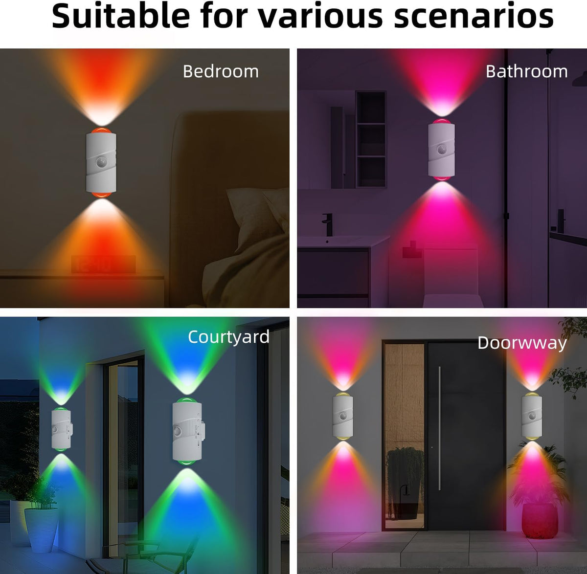 Rechargeable RGB Motion Sensor Night Light, Color Changing LED Wall Lamp with Stick-on Magnet, 4-Level Adjustable Brightness, Nightlights for Bedroom, Bathroom, Hallway, Stairs, Closet, 2-Pack