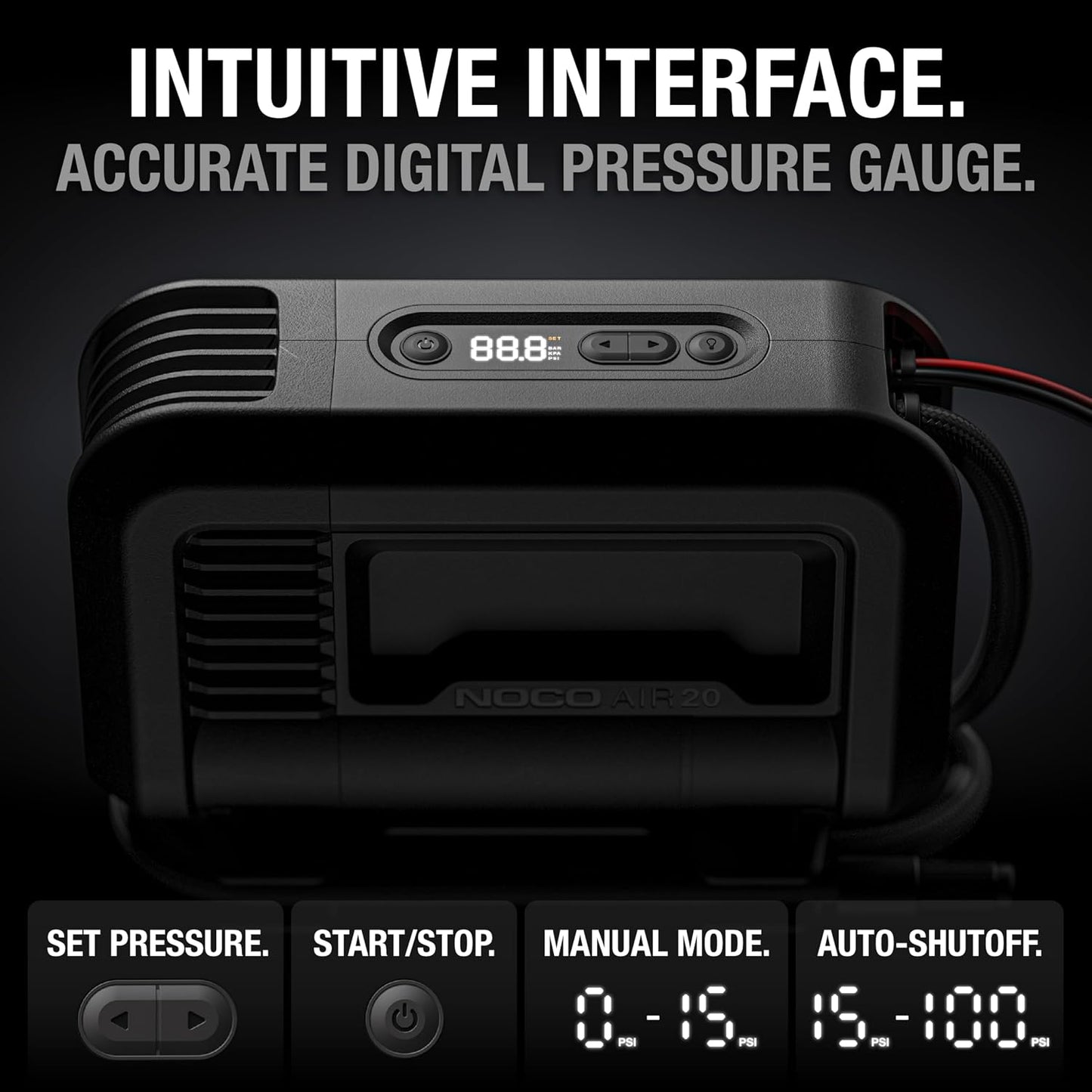 NOCO AIR20 47 LPM 12V Portable Tire Inflator & Air Compressor | Inflates 0-40 PSI in 2.5 Minutes, 100 PSI, Digital Gauge & Auto-Shutoff, Battery Clamps, Tires up to 35 Inches