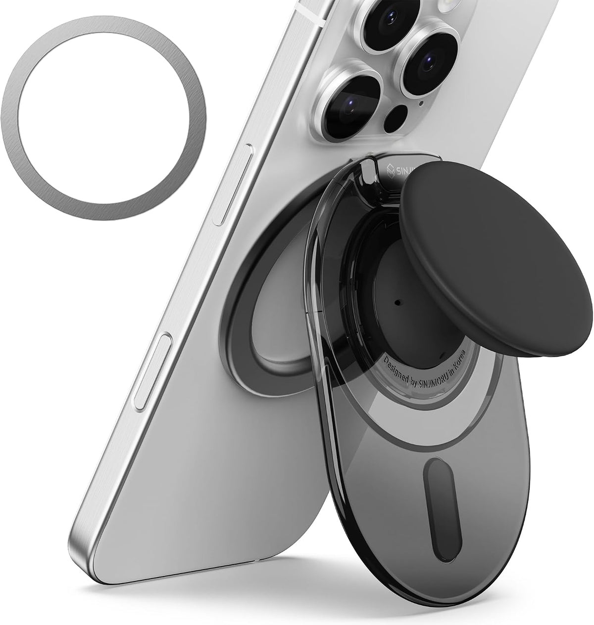 Sinjimoru Phone Grip Stand for MagSafe, Magnetic Kickstand, Clear Black | M-Tap Tok Stand, strong magnet, soft silicone grip, Adjustable Kickstand for Portrait or Landscape, metal plate included