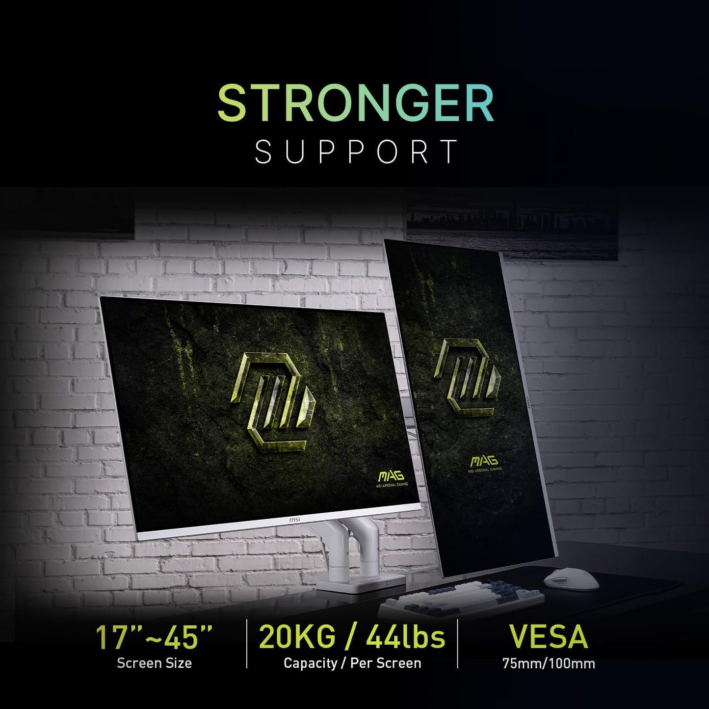 MSI MAG MT201DW - Premium Heavy Duty Dual Monitor Stand Arms, 17-45" Support, VESA Compatible, Adjustable Spring Assisted Mount, 44 lbs per Screen, Clamp & Grommet, Quick Release Plate - White
