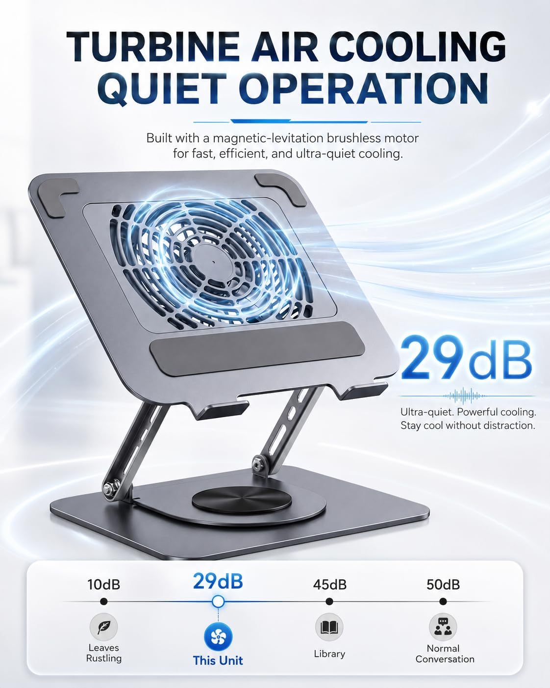 360° Rotating Laptop Cooling Pad with Detachable Magnetic Fan & 4 USB 3.0 Hub, Foldable Ergonomic Computer Riser, Compatible with MacBook Pro, Compatible with Dell, Fits 10-17” Laptops