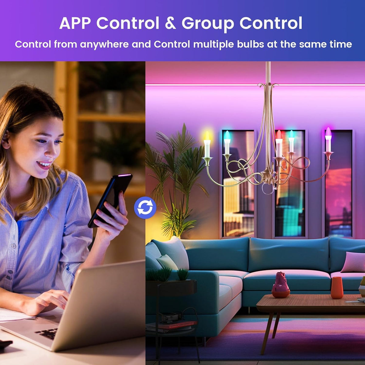 OHLUX 6 Pack E12 Smart Candelabra LED Light Bulbs, Color Changing Compatible with Google Alexa and Smart Life, 5W 40W Equivalent WiFi Candle Bulbs with Remote Control, Timer