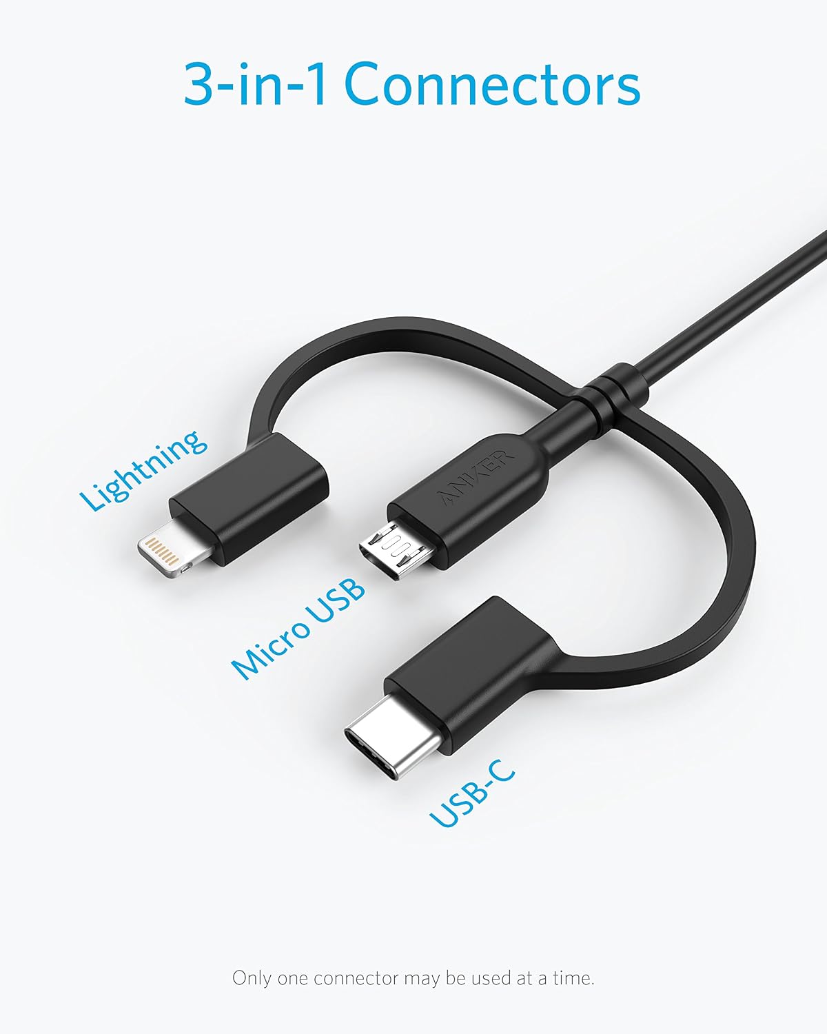 Anker Powerline II 3-in-1 Lightning, USB C, Micro USB Cable (3 ft, Black) | Compatible with iPhone, iPad, Huawei, HTC, LG, Samsung, Sony Xperia, Android Devices, and More
