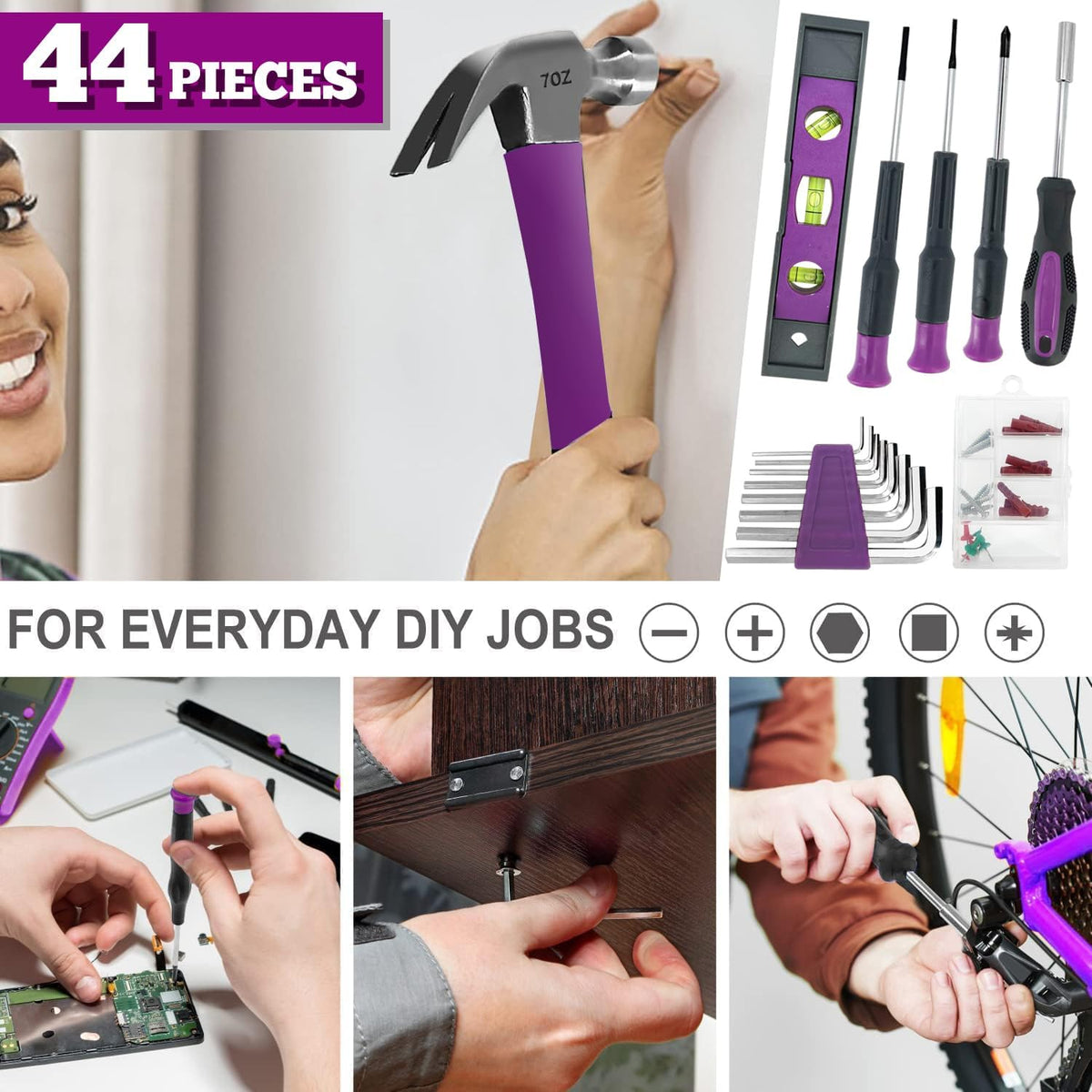 4V Cordless Screwdriver Tool Kit Set Purple Tool Lady 44PCS | Home tool set,small DIY projects, lightweight design,right weight for women,women/girls gift,storage case