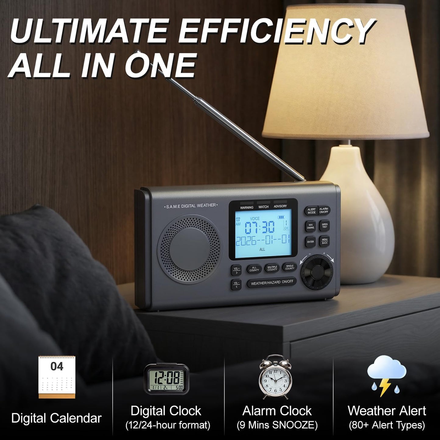 RunningSnail NOAA Weather Radio with 80+Emergency Alerts, 23 S.A.M.E Localized Programming County Codes, Battery Backup, Alarm, Selectable Alert Tone (with External Antenna & External Warning Light)