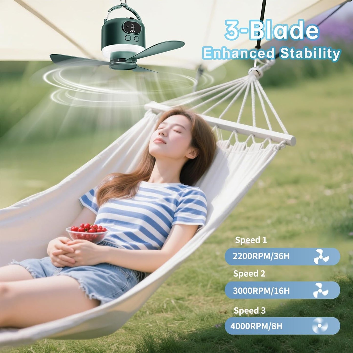 11" Tent Fan with Light & Remote, Camping Ceiling Fan with 10040mAh Rechargeable Battery, Portable Hanging Fan for Tent, RV, Canopy, Outdoor Camping (Green, Centimeters, 28.9)
