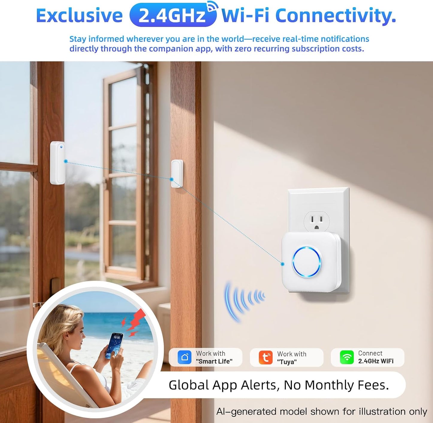 WiFi Door Sensor Chime, Smart Door Open Alert Window Sensor | For Business/Home/Kids Safety, Window Contact Alarm with Free App Notification, 500ft Range, 32 Melodies, 5 Volume Levels