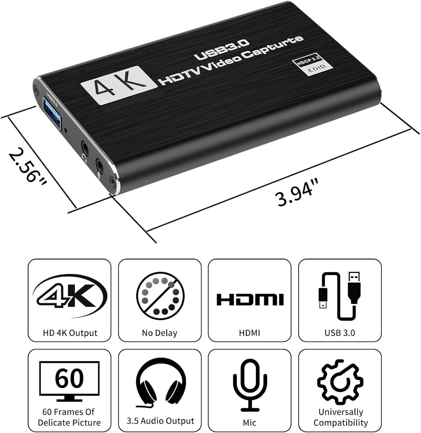 4K HD Video Capture Card, Plug & Play USB 3.0, No Driver Needed | Gaming Capture Card with Microphone for PC/Mac, 1080P 60FPS for Nintendo Switch, PS5, PS4, Xbox, OBS Streaming