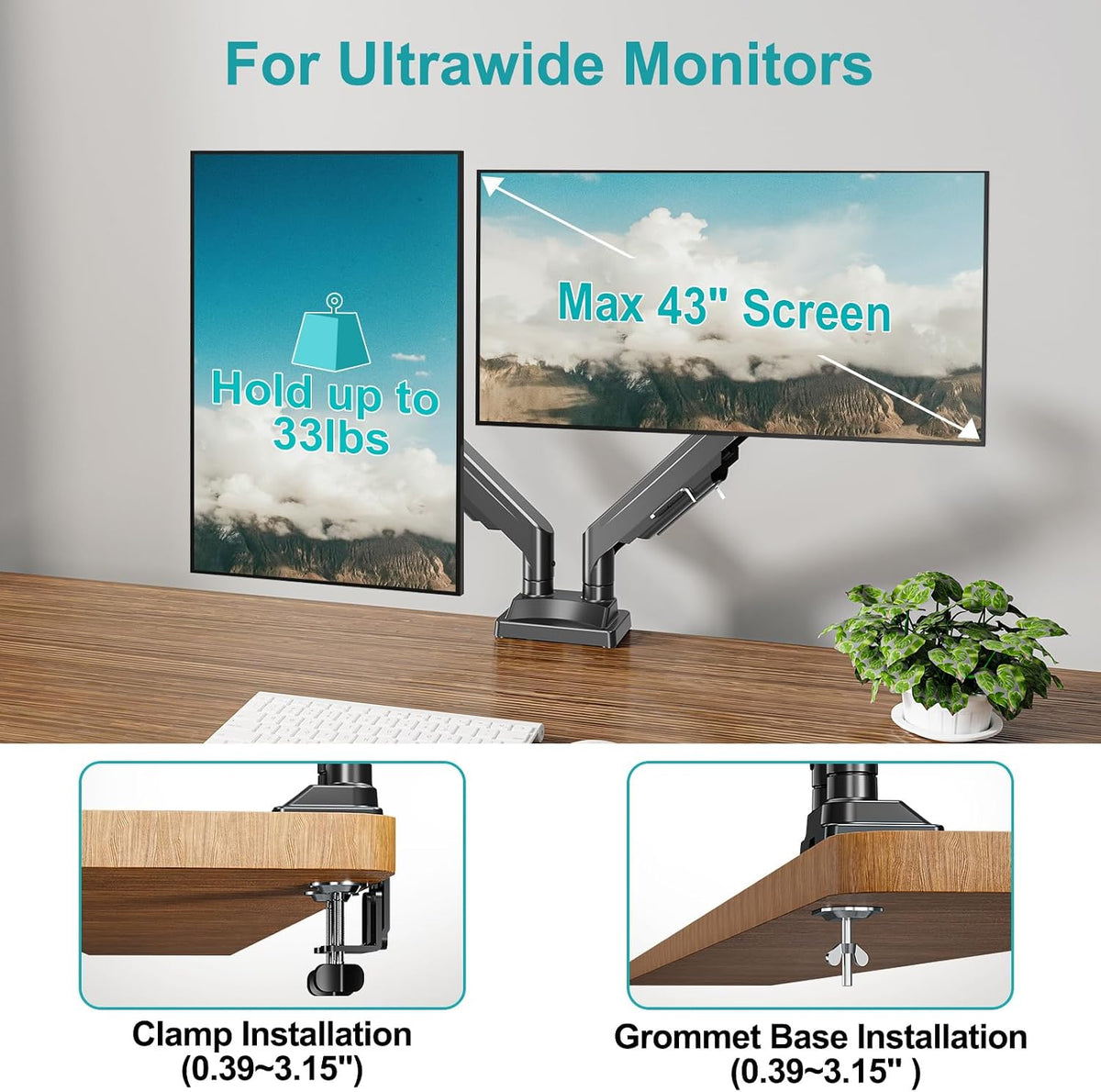 MOUNT PRO Ultrawide Dual Monitor Arm for Max 43" Monitor, Holds up to 33lbs