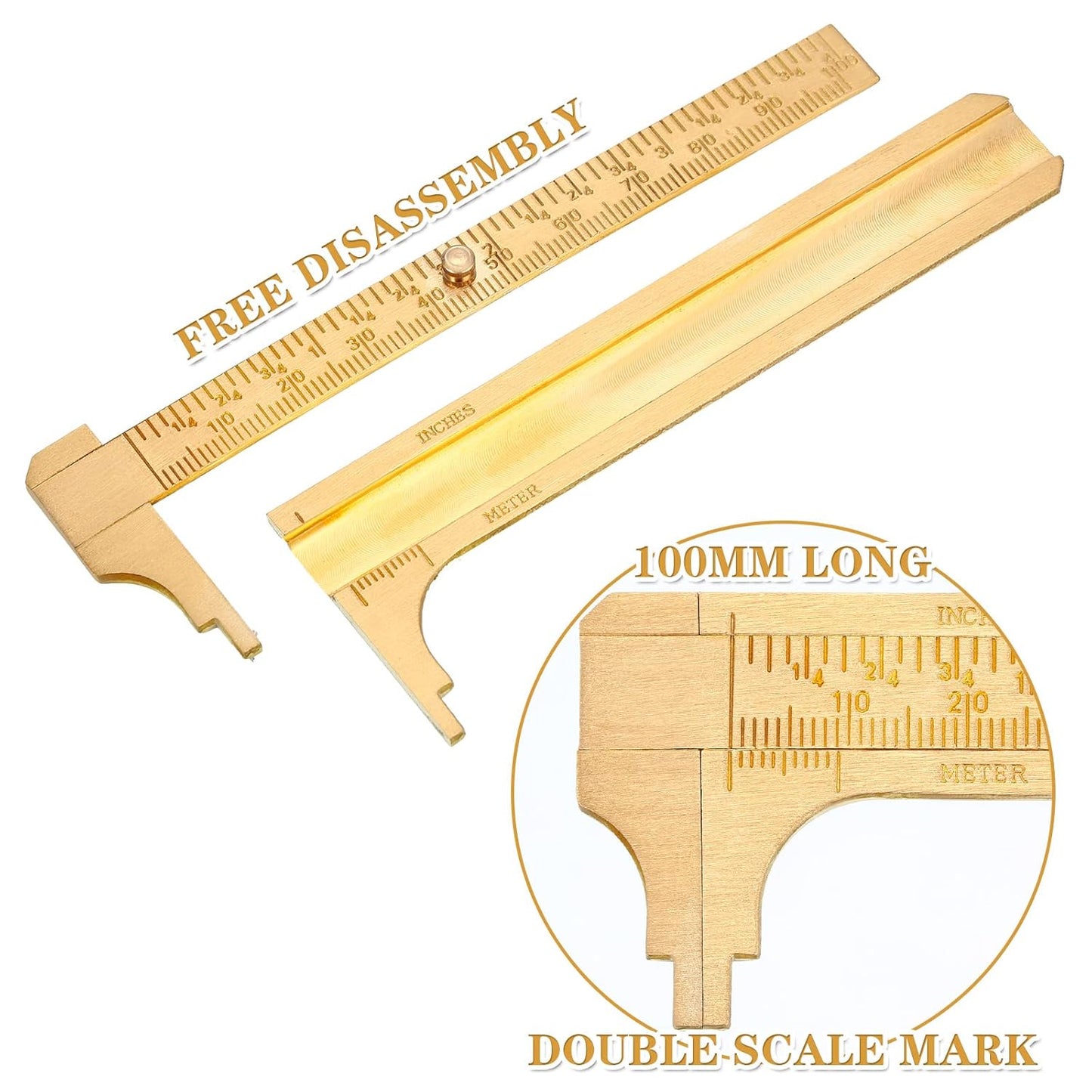 4 Pcs Brass Pocket Caliper Double Scale Mini Tool for Jewelry | Vernier Gauge with Dual Scales, Metal Calipers for Beads Wire Rings, Portable Mini Ruler Measuring Jewels Sizing Crafts