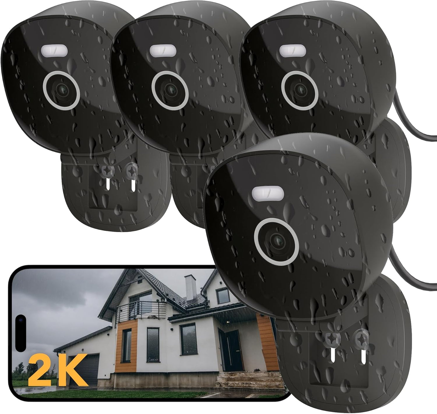 2K Wired Security Camera, Indoor/Outdoor for Home, Pet, Baby, Nanny, IP65 Waterproof Color Night Vision, White Light & Siren, Recording, Motion Detection, Works with Alexa,Pulg in, Black-4P