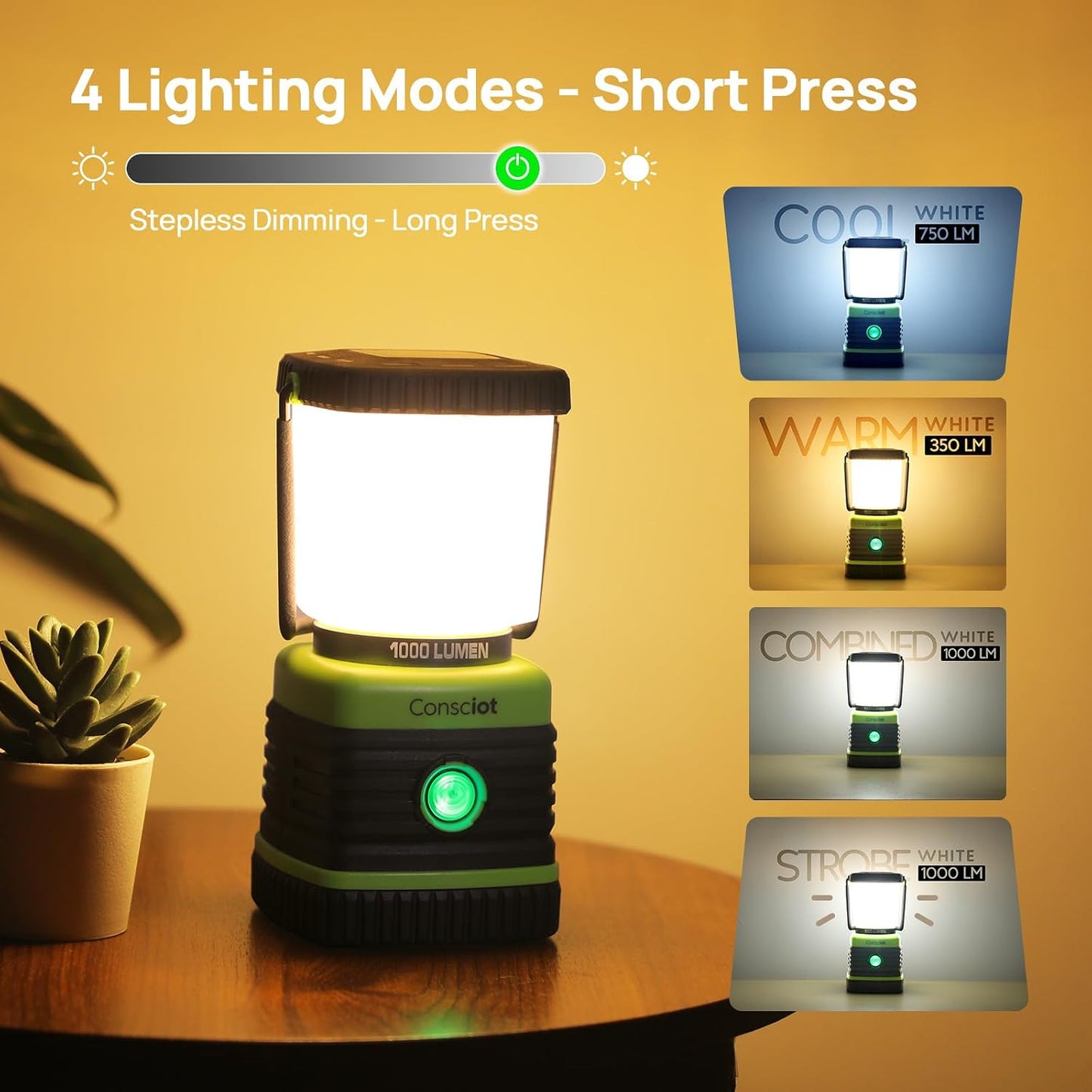 Consciot 1000LM LED Camping Lantern Rechargeable, 4 Light Modes, Dimmable | 4400mAh Portable Battery Pack, IPX4 Waterproof Tent Lights, Flashlight for Emergency, Power Outages, USB C Cable Included