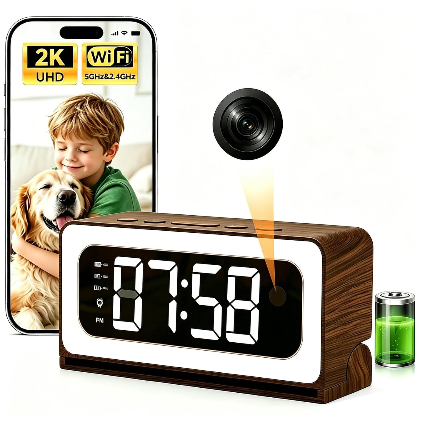 Clock Camera,Wood Grain,5G/2.4GHz WiFi Nanny Cam w/Alarm,2K Indoor Secuirty Camera,Color Night Vision,Dimmable Night Light, AI Human Detection,5200mAh Rechargeable Battery,SD & Cloud Storage,Pet,Baby