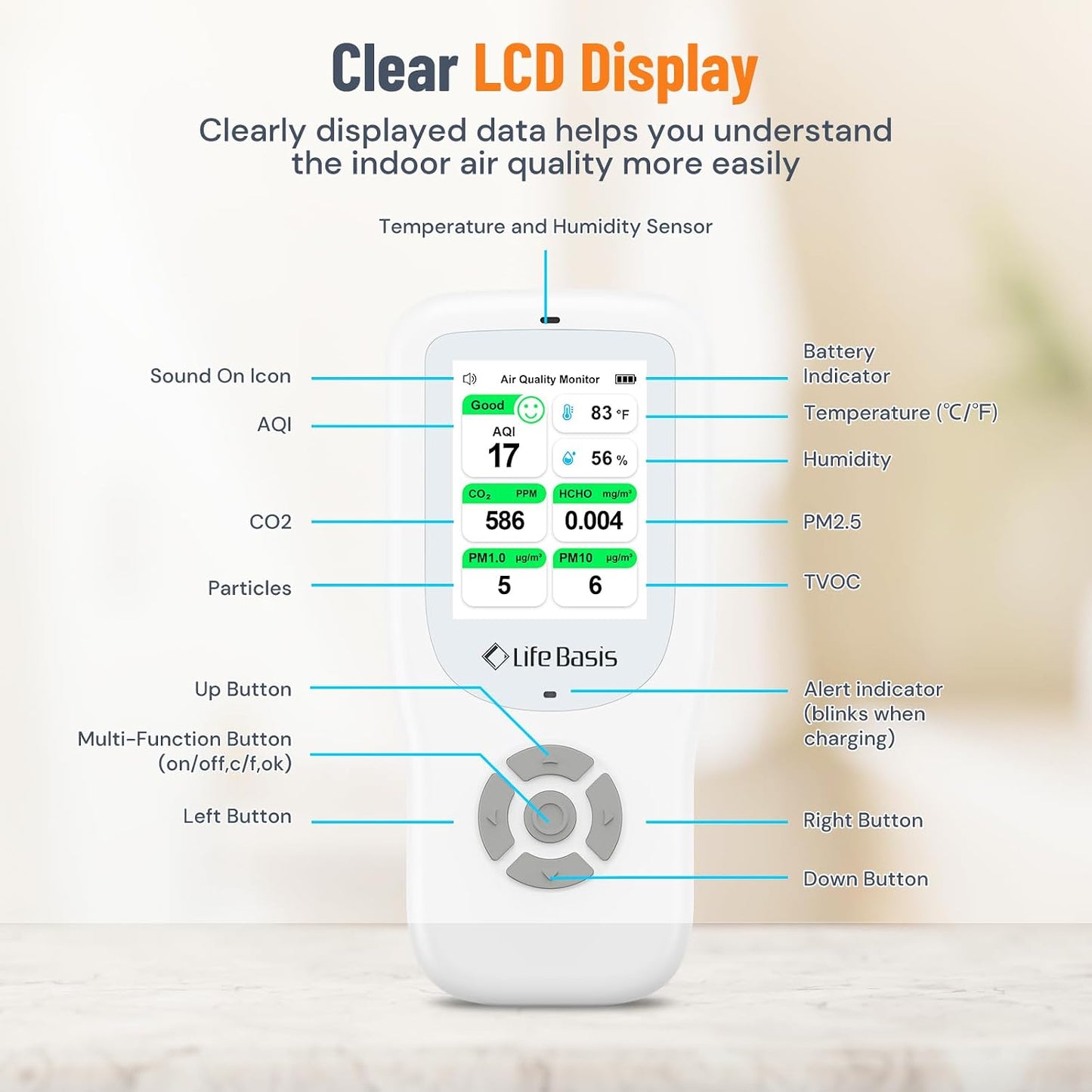 LifeBasis Air Quality Monitor Indoor, 11-in-1 Air Quality Detector with Stand, Air Meter Test AQI, PM1.0, PM2.5, PM10, CO2, TVOC, HCHO, Particles, Temperature and Humidity with Alert