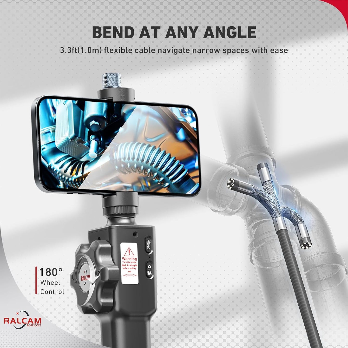 Two-Way Articulating Borescope for iPhone&Android | Endoscope Camera with Light, HD Inspection Camera with Battery for Automotive, Engine, Pipe 0.33in Lens-3.3FT Flexible Cable
