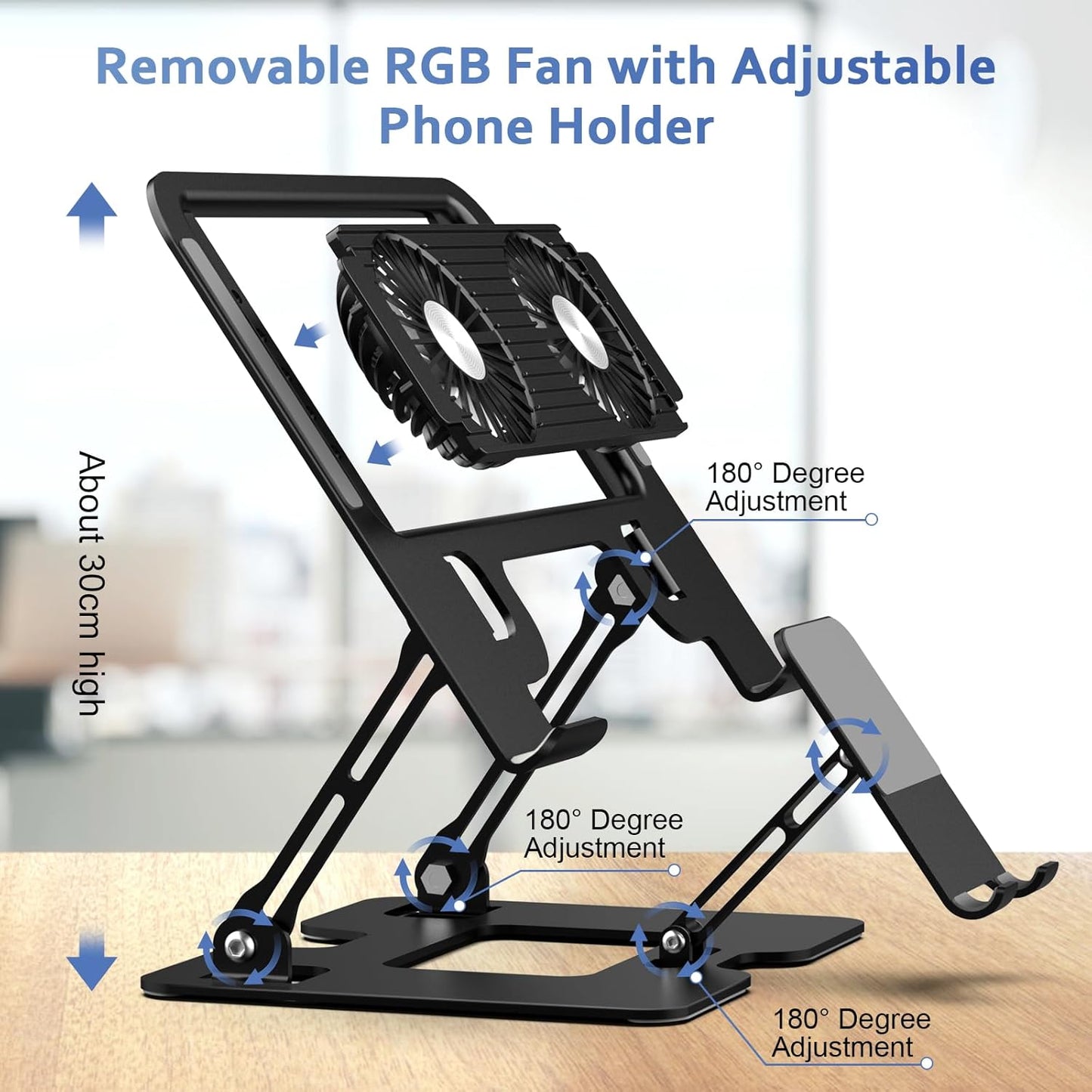 Laptop Cooling Stand with Detachable Fan,2-IN-1 Laptop Stand with Phone Holder and Silent Fans,Adjustable Height and Angle,Carbon Steel Framework,Laptop Cooling Pad for up to 16”Laptop (Black)