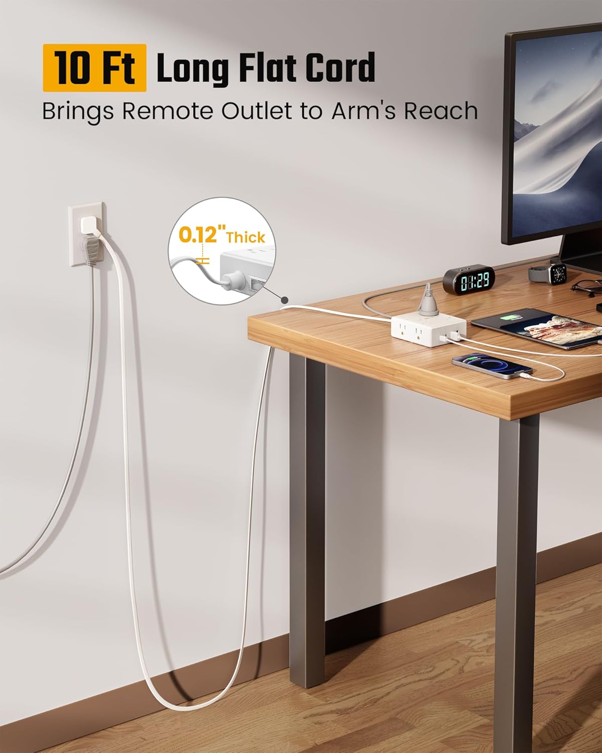 SUPERDANNY Extension Cord,Flat Plug Surge Protector Power Strip,10Ft | 8 AC & 4 USB Ports (2 USB C),Surge Protector with 1050J,Desk Charging Station for Home Office,College Dorm Room Essentials