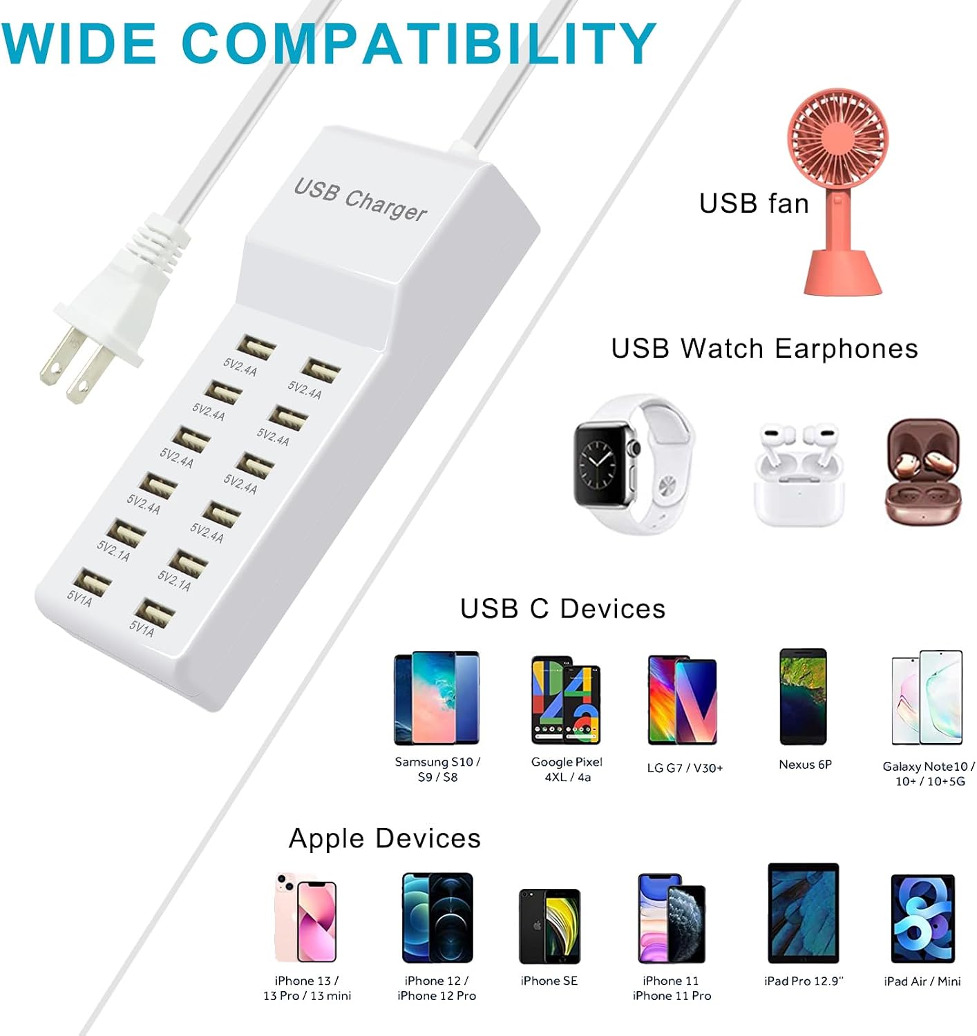 USB Charging Station 12 Port Multiport hub Fast Charging Power Strip | Compatible with Cell Phones Tablets Laptops for Multiple Devices for iPhone, Galaxy, Pixel, Tablet, Camera （12 USB Ports）