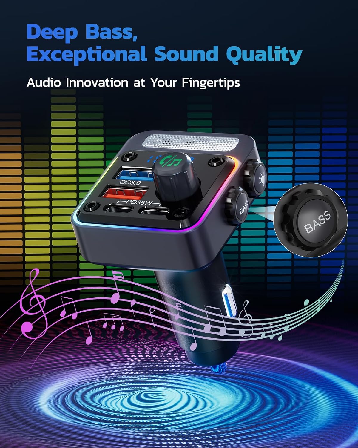 Nulaxy 54W Bluetooth 5.3 Car Adapter, FM Transmitter 4-Port Fast Charging | Wireless FM Radio Music Player with Deep Bass, 5 Colors LED Backlit, Hands-Free Calling, PD&QC Car Charger Support USB Drive